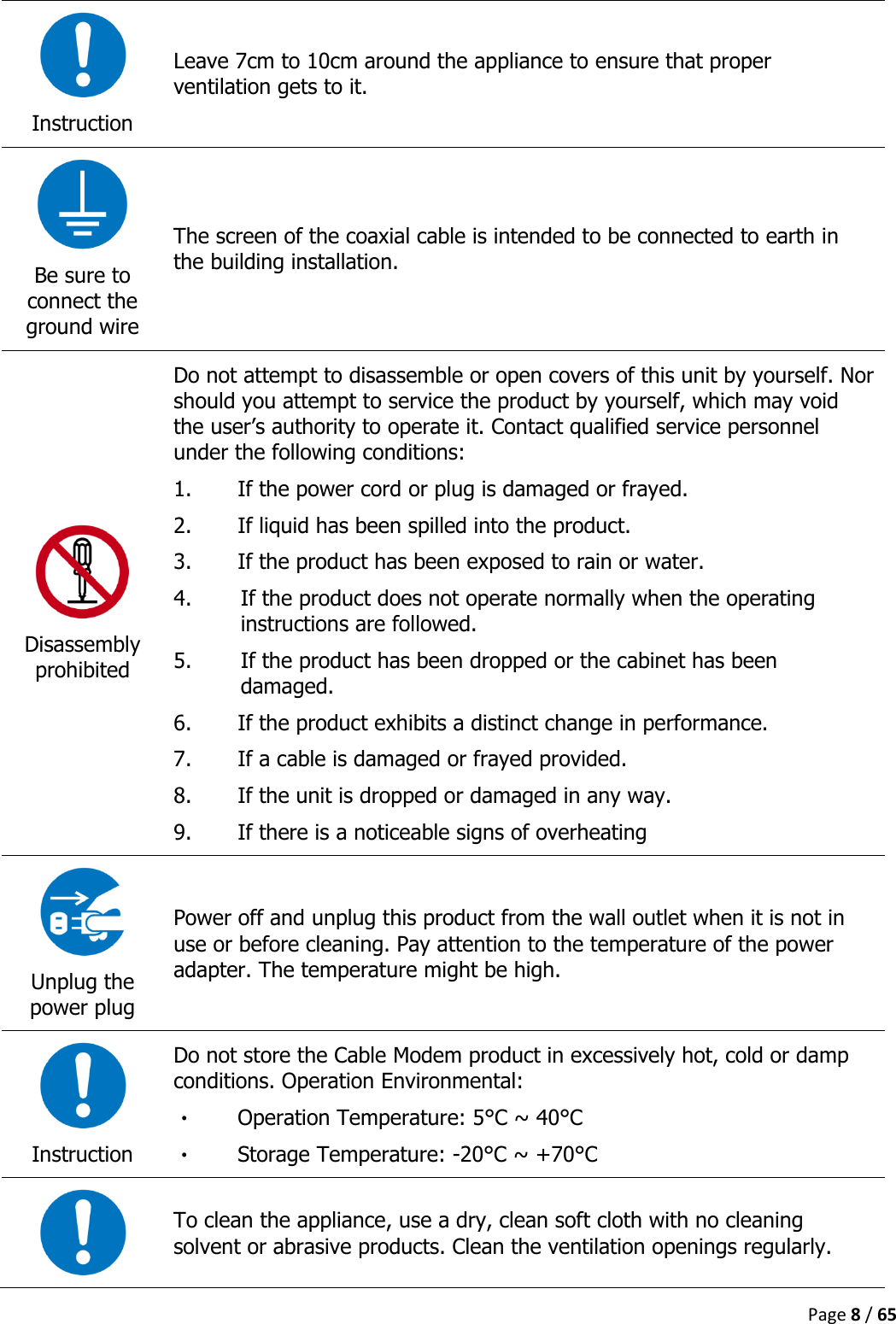  Page 8 / 65   Instruction Leave 7cm to 10cm around the appliance to ensure that proper ventilation gets to it.  Be sure to connect the ground wire The screen of the coaxial cable is intended to be connected to earth in the building installation.  Disassembly prohibited Do not attempt to disassemble or open covers of this unit by yourself. Nor should you attempt to service the product by yourself, which may void the user’s authority to operate it. Contact qualified service personnel under the following conditions: 1. If the power cord or plug is damaged or frayed. 2. If liquid has been spilled into the product. 3. If the product has been exposed to rain or water. 4. If the product does not operate normally when the operating instructions are followed. 5. If the product has been dropped or the cabinet has been damaged. 6. If the product exhibits a distinct change in performance. 7. If a cable is damaged or frayed provided. 8. If the unit is dropped or damaged in any way. 9. If there is a noticeable signs of overheating  Unplug the power plug Power off and unplug this product from the wall outlet when it is not in use or before cleaning. Pay attention to the temperature of the power adapter. The temperature might be high.  Instruction Do not store the Cable Modem product in excessively hot, cold or damp conditions. Operation Environmental: ‧  Operation Temperature: 5°C ~ 40°C ‧  Storage Temperature: -20°C ~ +70°C  To clean the appliance, use a dry, clean soft cloth with no cleaning solvent or abrasive products. Clean the ventilation openings regularly. 