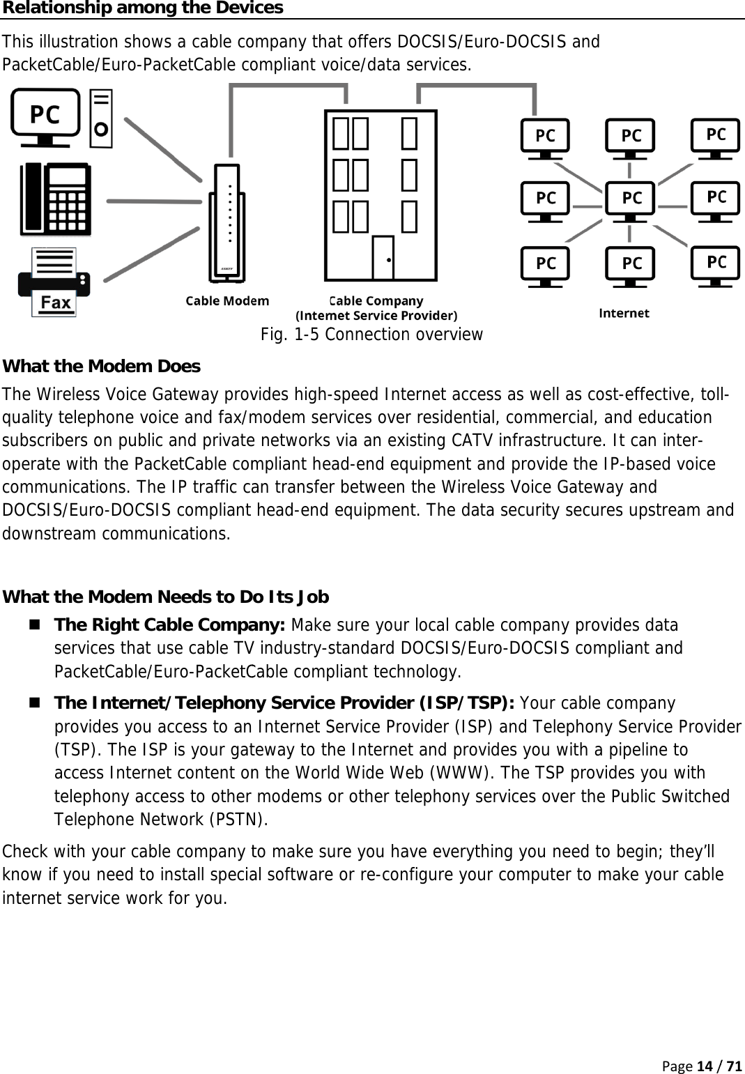 ReThPaWThqusuopcoDOdo WChknint elationshhis illustratacketCable/What the Mhe Wirelessuality telepubscribers operate withommunicatOCSIS/EuroownstreamWhat the M The RservicPacke The Iprovid(TSP)accestelephTelepheck with ynow if you ternet servip amongion shows /Euro-PackModem Dos Voice Gathone voiceon public ah the Packeions. The Io-DOCSIS  communicModem NeRight Cabces that usetCable/EuInternet/des you ac. The ISP s Internet hony acceshone Netwyour cable need to invice work fg the Devia cable coketCable cooes teway prove and fax/mand privateetCable comIP traffic cacompliant cations. eeds to Dble Compae cable TVro-PacketCTelephonccess to anis your gatcontent onss to other work (PSTNcompany tstall speciafor you.  ices ompany thaompliant vFig. 1-5 Cvides high-modem sere networksmpliant hean transferhead-end o Its Jobany: MakeV industry-sCable compny Service Internet Steway to thn the Worlmodems oN). to make sual softwareat offers Doice/data sConnection-speed Intervices over via an exiead-end eqr between equipmene sure yourstandard Dpliant techne ProviderService Prohe Internetd Wide Weor other teure you hae or re-conDOCSIS/Eurservices. n overviewernet accer residentiasting CATVuipment athe Wirelent. The datar local cableDOCSIS/Eunology. r (ISP/TSovider (ISPt and proveb (WWW)elephony seve everythfigure youro-DOCSISss as well al, commerV infrastrucnd provideess Voice Ga security e companyro-DOCSISSP): Your cP) and Televides you w). The TSPervices ovehing you ner computeS and as cost-effrcial, and ecture. It cae the IP-baGateway ansecures upy provides S compliancable compephony Serwith a pipel provides yer the Publeed to beger to make Page14/fective, toleducation an inter-ased voice nd pstream andata nt and pany rvice Providline to you with lic Switchegin; they’ll your cable/71 l-nd der d e 