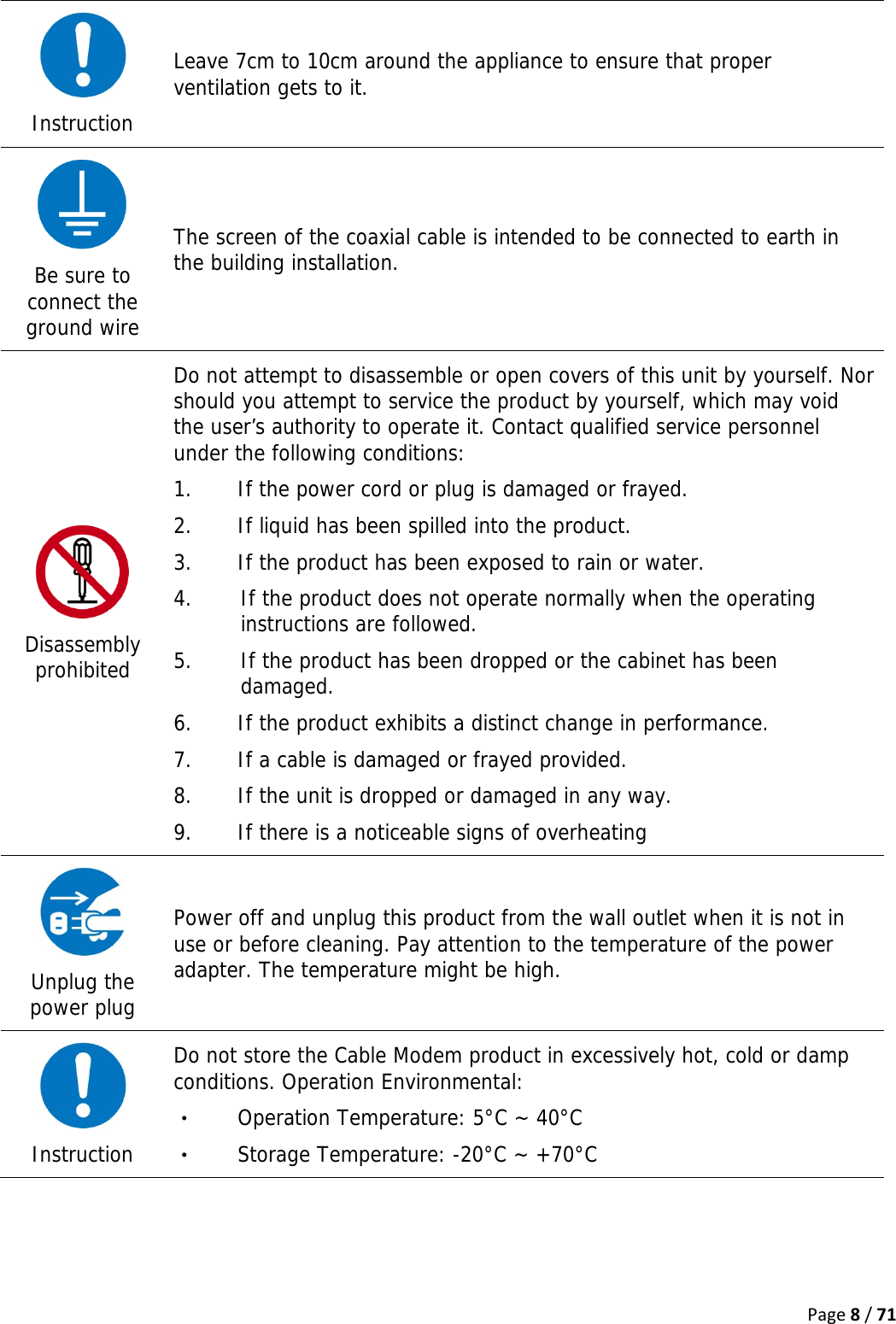 Page8/71 Instruction Leave 7cm to 10cm around the appliance to ensure that proper ventilation gets to it.  Be sure to connect the ground wire The screen of the coaxial cable is intended to be connected to earth in the building installation.  Disassembly prohibited Do not attempt to disassemble or open covers of this unit by yourself. Nor should you attempt to service the product by yourself, which may void the user’s authority to operate it. Contact qualified service personnel under the following conditions: 1. If the power cord or plug is damaged or frayed. 2. If liquid has been spilled into the product. 3. If the product has been exposed to rain or water. 4. If the product does not operate normally when the operating instructions are followed. 5. If the product has been dropped or the cabinet has been damaged. 6. If the product exhibits a distinct change in performance. 7. If a cable is damaged or frayed provided. 8. If the unit is dropped or damaged in any way. 9. If there is a noticeable signs of overheating  Unplug the power plug Power off and unplug this product from the wall outlet when it is not in use or before cleaning. Pay attention to the temperature of the power adapter. The temperature might be high.  Instruction Do not store the Cable Modem product in excessively hot, cold or damp conditions. Operation Environmental: ‧  Operation Temperature: 5°C ~ 40°C ‧  Storage Temperature: -20°C ~ +70°C   