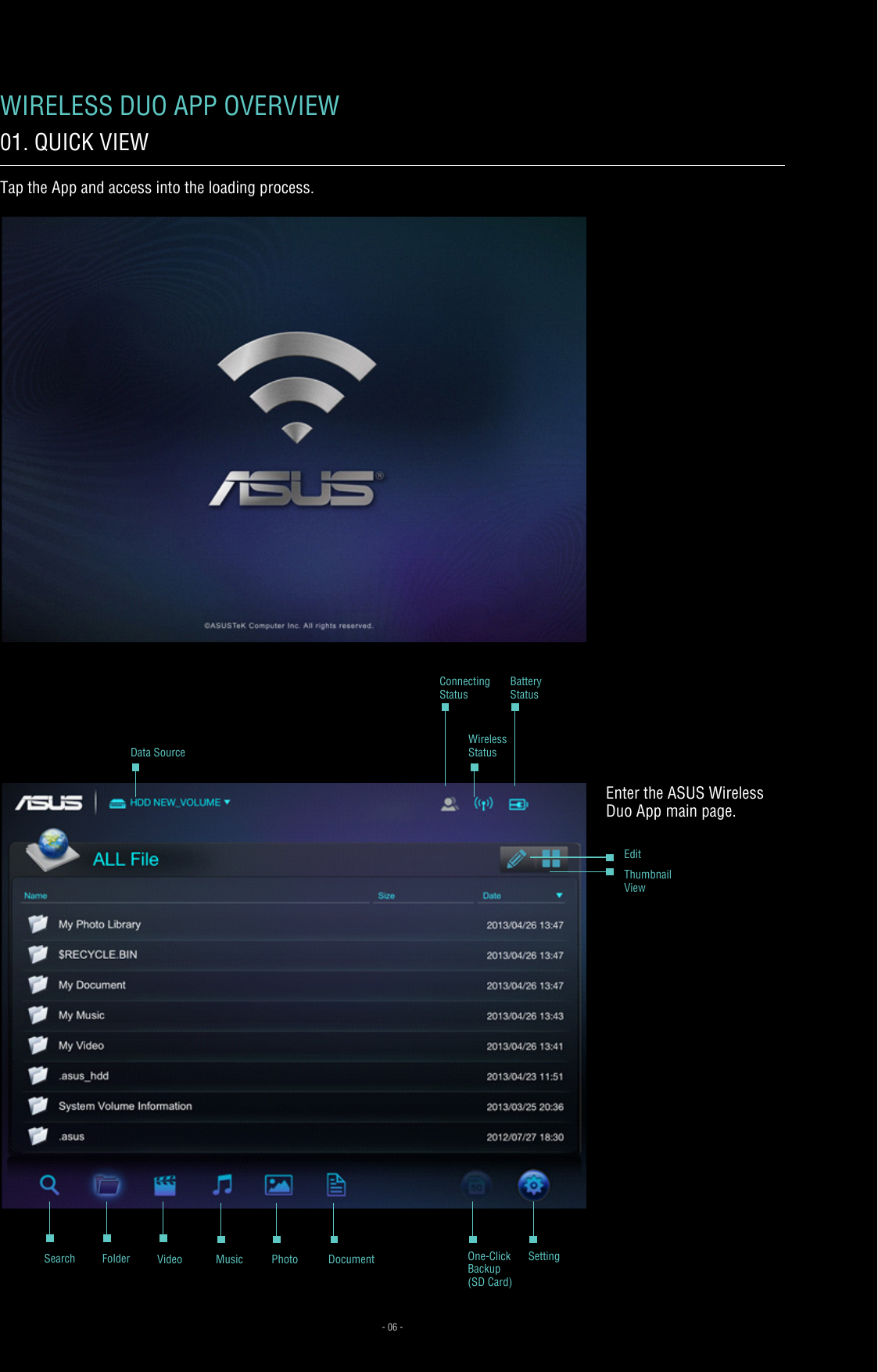 - 06 -Tap the App and access into the loading process.                                       WIRELESS DUO APP OVERVIEW01. QUICK VIEWEnter the ASUS Wireless Duo App main page. Data Source                                     Search       Folder Video Music Photo DocumentConnectingStatusWirelessStatusEditThumbnailViewOne-Click Backup(SD Card)SettingBatteryStatus