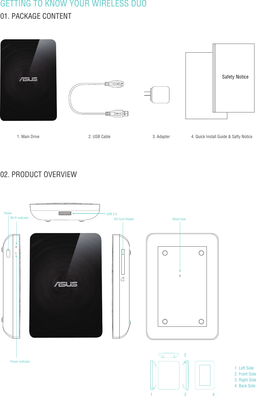 - 01 -GETTING TO KNOW YOUR WIRELESS DUO01. PACKAGE CONTENT 02. PRODUCT OVERVIEW1. Main Drive 3. Adapter2. USB Cable24. Quick Install Guide &amp; Safty Notice1. Left Side2. Front Side3. Right Side4. Back SideWi-Fi indicatorPowerPower indicatorSD Card Reader Reset holeUSB 3.01 3 4