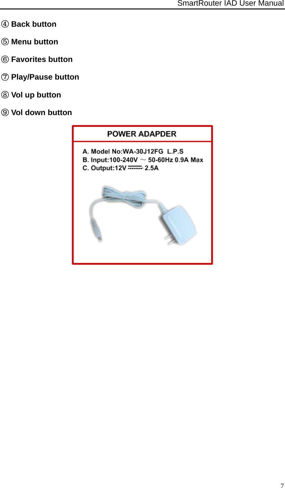 SmartRouter IAD User Manual              7④ Back button ⑤ Menu button ⑥ Favorites button ⑦ Play/Pause button ⑧ Vol up button ⑨ Vol down button           