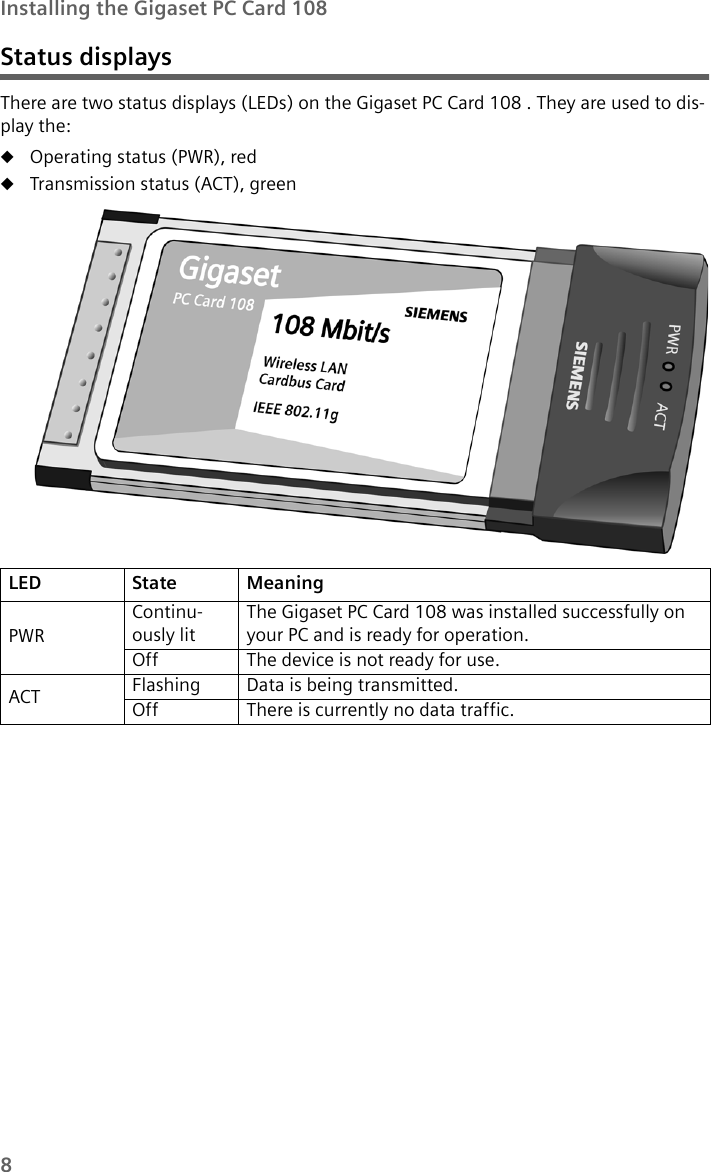 8Installing the Gigaset PC Card 108Status displays There are two status displays (LEDs) on the Gigaset PC Card 108 . They are used to dis-play the: uOperating status (PWR), reduTransmission status (ACT), greenLED State MeaningPWRContinu-ously litThe Gigaset PC Card 108 was installed successfully on your PC and is ready for operation.Off  The device is not ready for use.ACT Flashing Data is being transmitted.Off There is currently no data traffic.