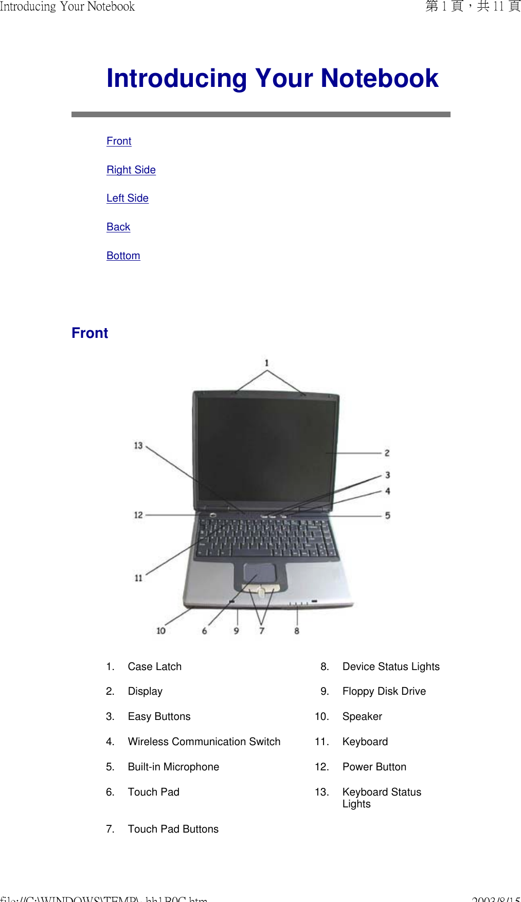   Introducing Your Notebook Front Right Side Left Side Back BottomFront 1. Case Latch  8. Device Status Lights2. Display  9. Floppy Disk Drive3. Easy Buttons  10. Speaker4. Wireless Communication Switch  11. Keyboard5. Built-in Microphone  12. Power Button6. Touch Pad  13. Keyboard Status Lights7. Touch Pad Buttons 第 1 頁，共 11 頁Introducing Your Notebook2003/8/15file://C:\WINDOWS\TEMP\~hh1B0C.htm