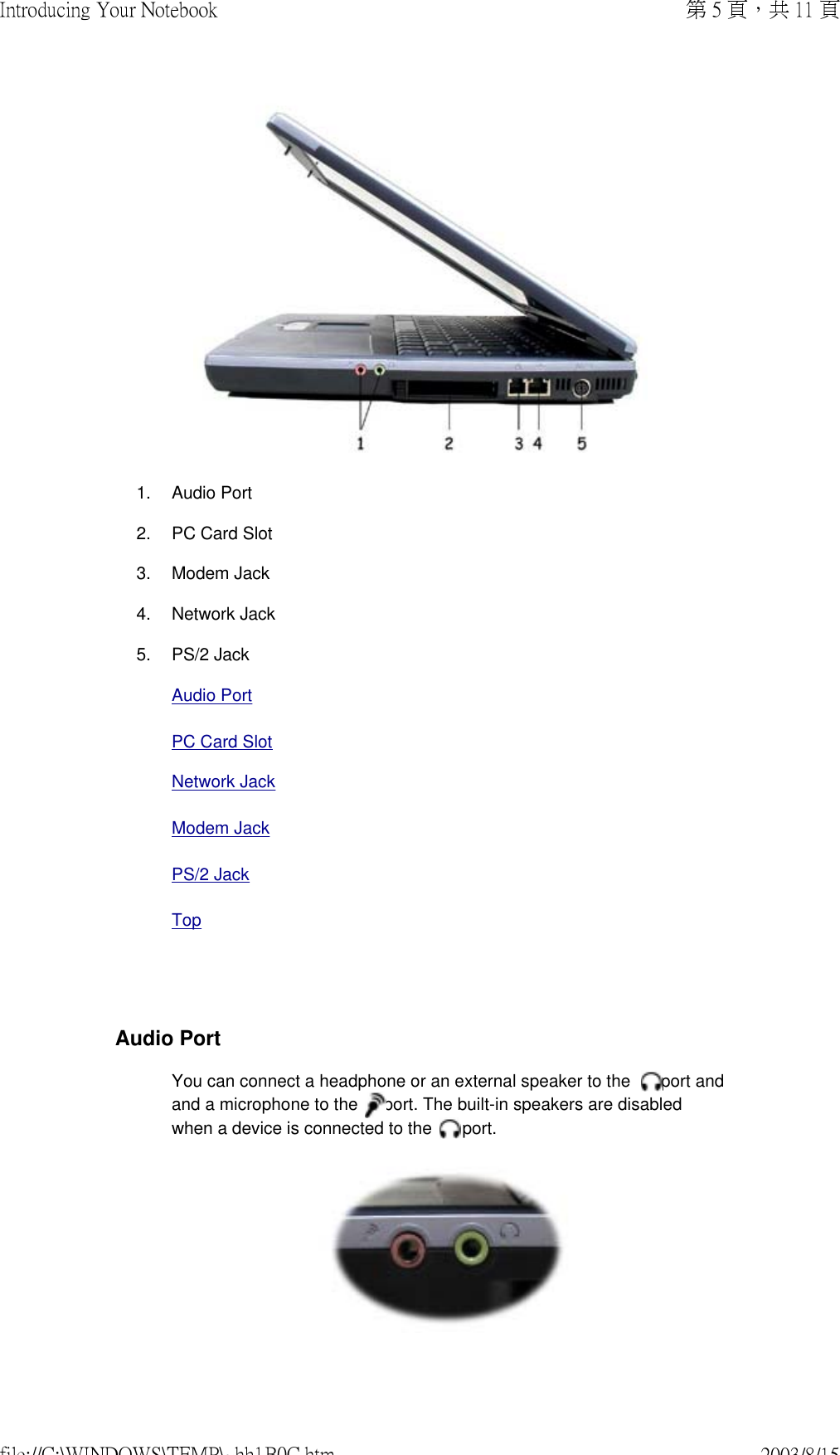    1. Audio Port 2. PC Card Slot 3. Modem Jack 4. Network Jack 5. PS/2 Jack  Audio PortPC Card Slot Network Jack Modem Jack PS/2 JackTopAudio PortYou can connect a headphone or an external speaker to the   port and and a microphone to the  port. The built-in speakers are disabled when a device is connected to the   port.   第 5 頁，共 11 頁Introducing Your Notebook2003/8/15file://C:\WINDOWS\TEMP\~hh1B0C.htm