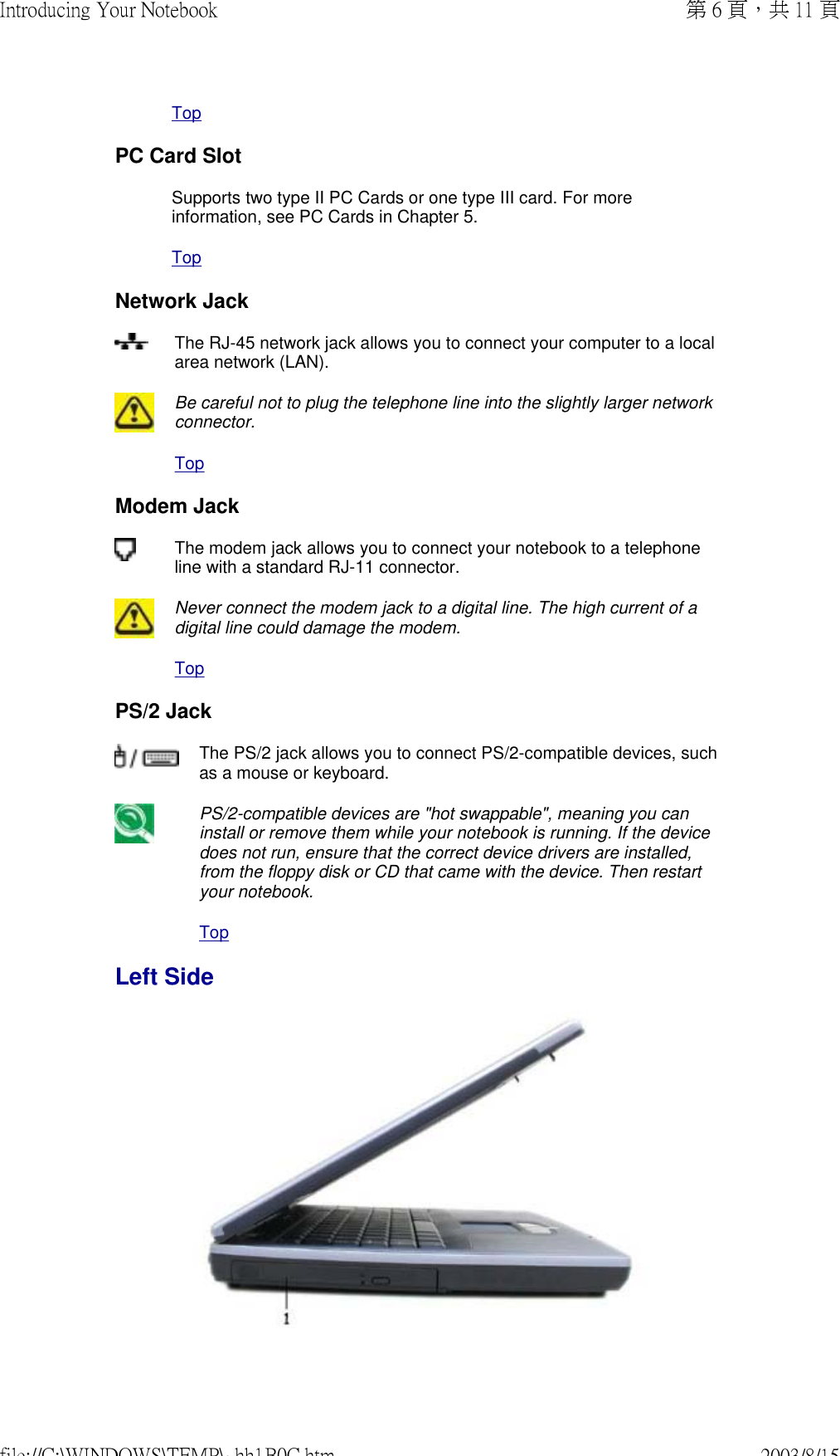 TopPC Card SlotSupports two type II PC Cards or one type III card. For more information, see PC Cards in Chapter 5. TopNetwork Jack The RJ-45 network jack allows you to connect your computer to a local area network (LAN).  Be careful not to plug the telephone line into the slightly larger network connector.TopModem Jack The modem jack allows you to connect your notebook to a telephone line with a standard RJ-11 connector. Never connect the modem jack to a digital line. The high current of a digital line could damage the modem.TopPS/2 Jack The PS/2 jack allows you to connect PS/2-compatible devices, such as a mouse or keyboard. PS/2-compatible devices are &quot;hot swappable&quot;, meaning you can install or remove them while your notebook is running. If the device does not run, ensure that the correct device drivers are installed, from the floppy disk or CD that came with the device. Then restart your notebook.TopLeft Side 第 6 頁，共 11 頁Introducing Your Notebook2003/8/15file://C:\WINDOWS\TEMP\~hh1B0C.htm