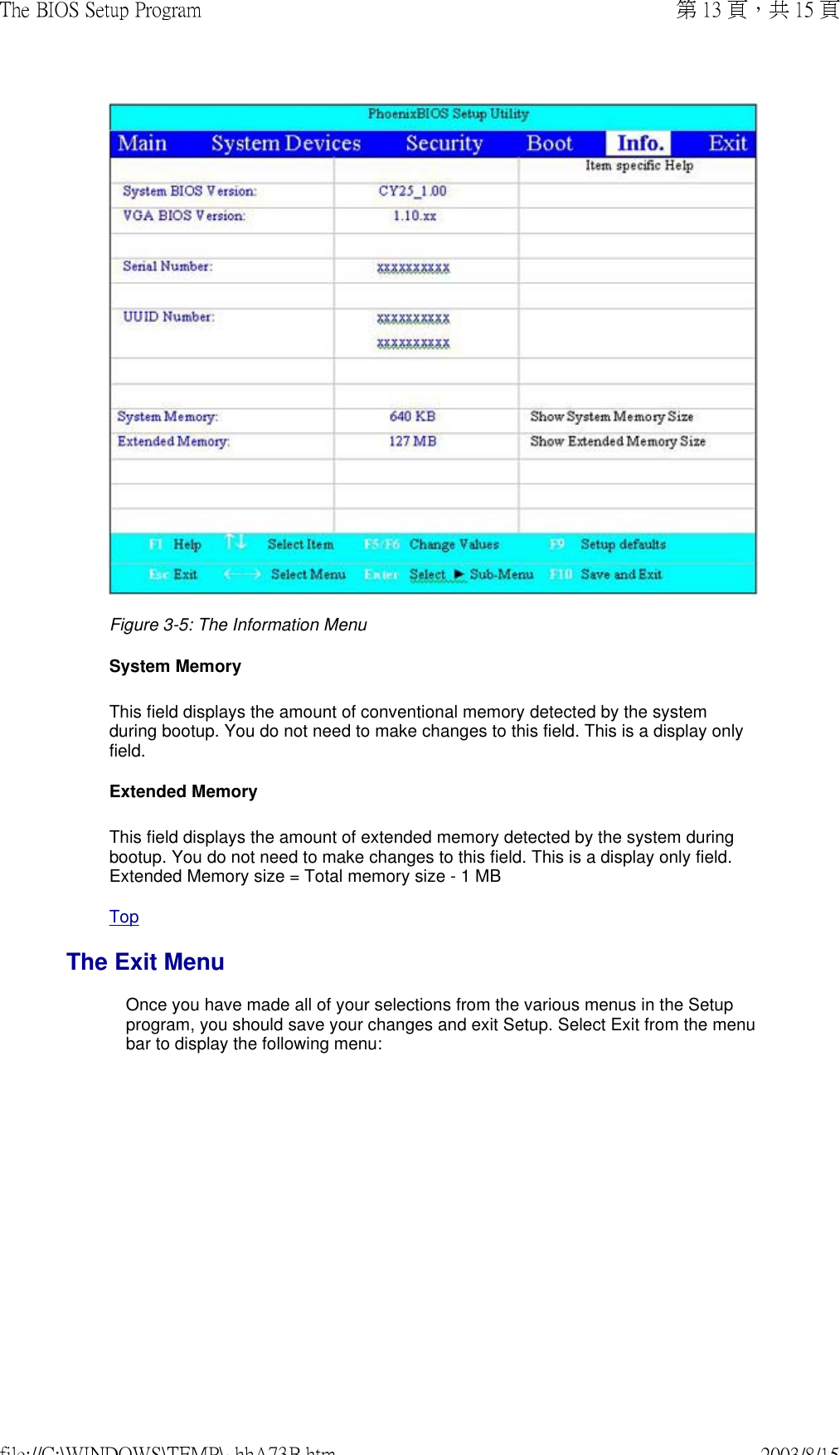 Figure 3-5: The Information Menu System Memory This field displays the amount of conventional memory detected by the system during bootup. You do not need to make changes to this field. This is a display only field.  Extended Memory This field displays the amount of extended memory detected by the system during bootup. You do not need to make changes to this field. This is a display only field. Extended Memory size = Total memory size - 1 MBTopThe Exit MenuOnce you have made all of your selections from the various menus in the Setup program, you should save your changes and exit Setup. Select Exit from the menu bar to display the following menu: 第 13 頁，共 15 頁The BIOS Setup Program2003/8/15file://C:\WINDOWS\TEMP\~hhA73B.htm