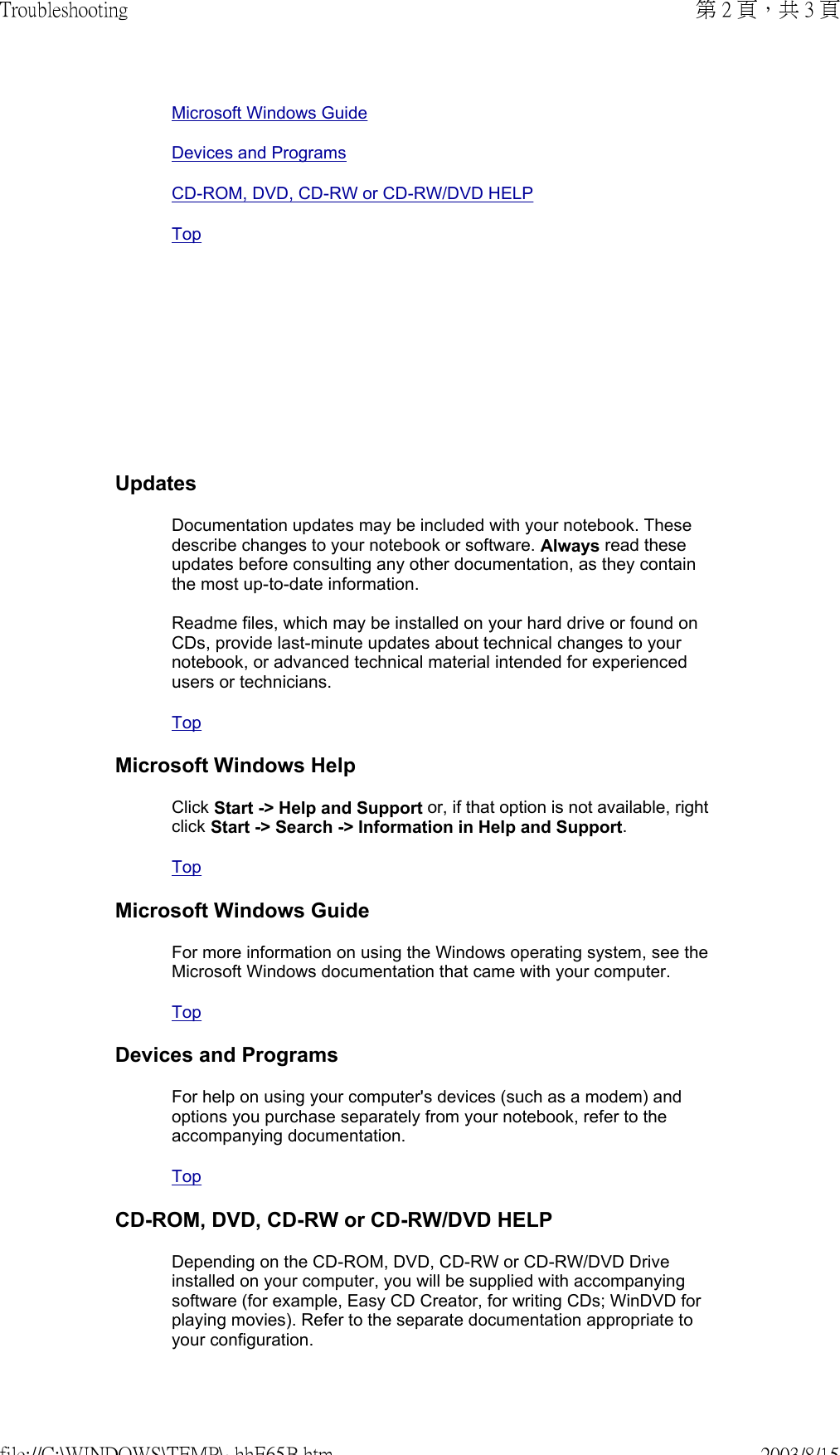        Microsoft Windows GuideDevices and ProgramsCD-ROM, DVD, CD-RW or CD-RW/DVD HELP TopUpdatesDocumentation updates may be included with your notebook. These describe changes to your notebook or software. Always read these updates before consulting any other documentation, as they contain the most up-to-date information.  Readme files, which may be installed on your hard drive or found on CDs, provide last-minute updates about technical changes to your notebook, or advanced technical material intended for experienced users or technicians.TopMicrosoft Windows HelpClick Start -&gt; Help and Support or, if that option is not available, right click Start -&gt; Search -&gt; Information in Help and Support.TopMicrosoft Windows GuideFor more information on using the Windows operating system, see the Microsoft Windows documentation that came with your computer.TopDevices and ProgramsFor help on using your computer&apos;s devices (such as a modem) and options you purchase separately from your notebook, refer to the accompanying documentation.TopCD-ROM, DVD, CD-RW or CD-RW/DVD HELPDepending on the CD-ROM, DVD, CD-RW or CD-RW/DVD Drive installed on your computer, you will be supplied with accompanying software (for example, Easy CD Creator, for writing CDs; WinDVD for playing movies). Refer to the separate documentation appropriate to your configuration. 第 2 頁，共 3 頁Troubleshooting2003/8/15file://C:\WINDOWS\TEMP\~hhE65B.htm