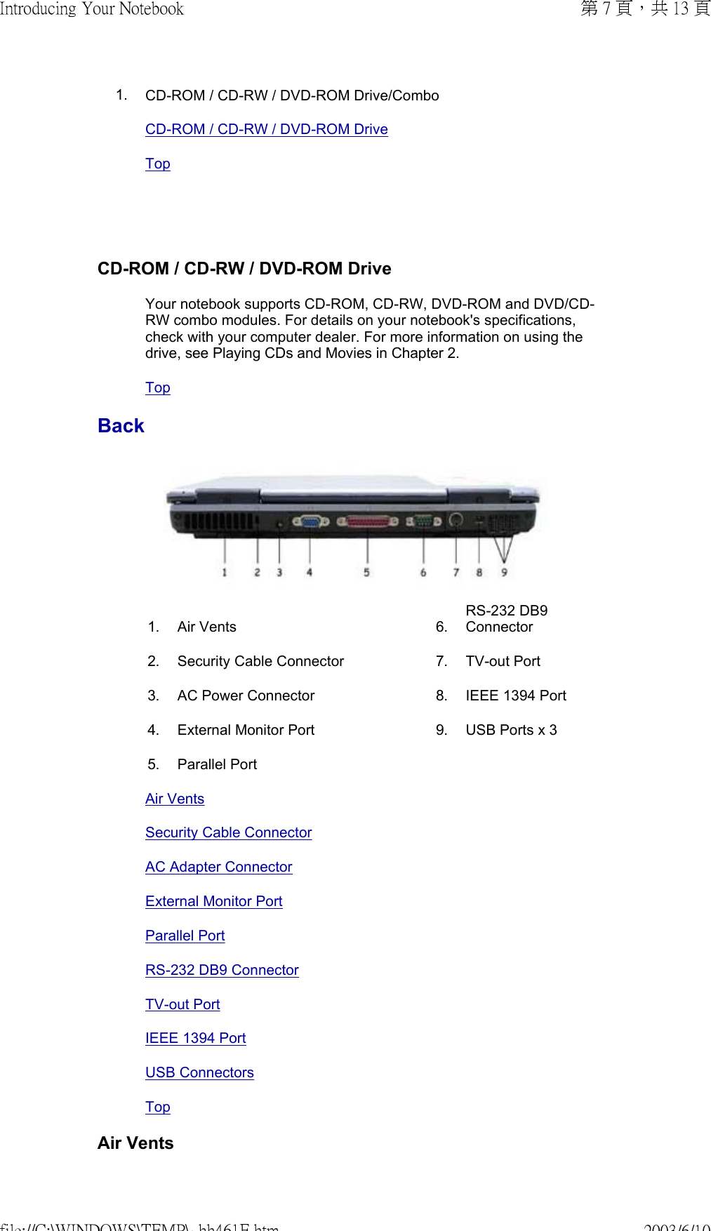   1. CD-ROM / CD-RW / DVD-ROM Drive/ComboCD-ROM / CD-RW / DVD-ROM Drive TopCD-ROM / CD-RW / DVD-ROM DriveYour notebook supports CD-ROM, CD-RW, DVD-ROM and DVD/CD-RW combo modules. For details on your notebook&apos;s specifications, check with your computer dealer. For more information on using the drive, see Playing CDs and Movies in Chapter 2. TopBack 1. Air Vents  6. RS-232 DB9 Connector2. Security Cable Connector  7. TV-out Port3. AC Power Connector  8. IEEE 1394 Port4. External Monitor Port  9. USB Ports x 35. Parallel PortAir VentsSecurity Cable ConnectorAC Adapter ConnectorExternal Monitor PortParallel PortRS-232 DB9 ConnectorTV-out PortIEEE 1394 PortUSB ConnectorsTopAir Vents第 7 頁，共 13 頁Introducing Your Notebook2003/6/10file://C:\WINDOWS\TEMP\~hh461E.htm