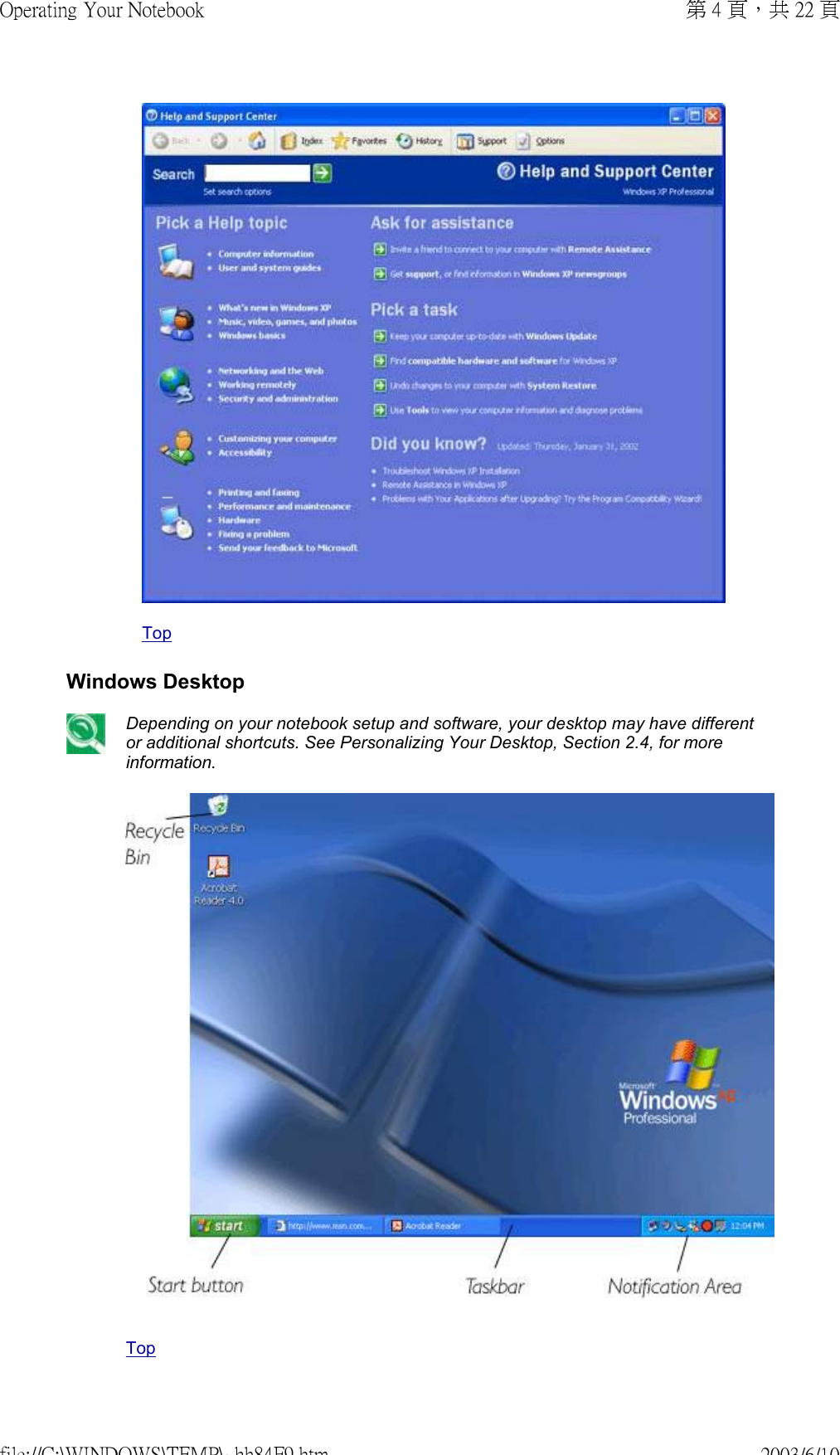   TopWindows Desktop Depending on your notebook setup and software, your desktop may have different or additional shortcuts. See Personalizing Your Desktop, Section 2.4, for more information.    Top第 4 頁，共 22 頁Operating Your Notebook2003/6/10file://C:\WINDOWS\TEMP\~hh84F9.htm