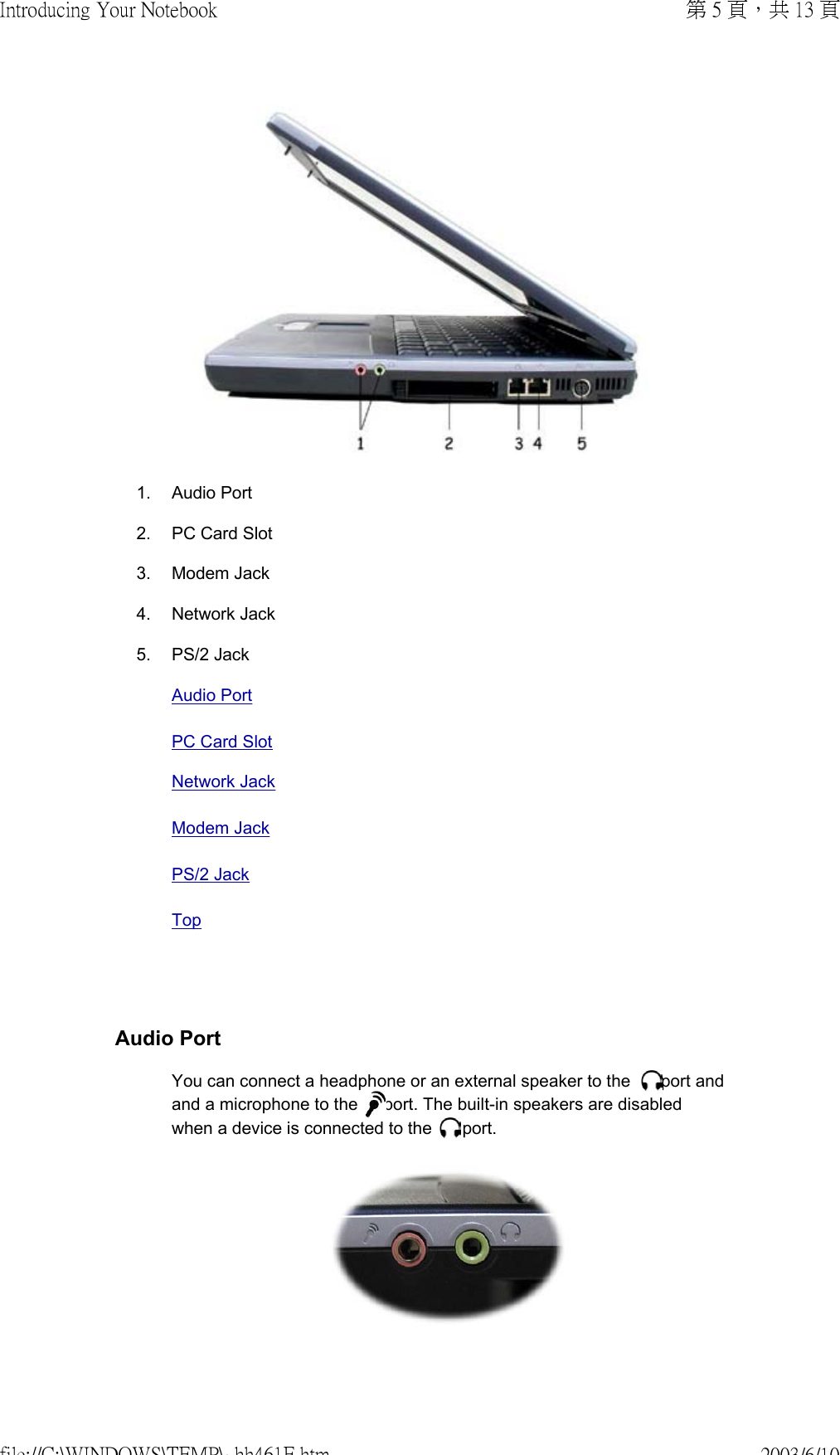    1. Audio Port 2. PC Card Slot 3. Modem Jack 4. Network Jack 5. PS/2 Jack  Audio PortPC Card Slot Network Jack Modem Jack PS/2 JackTopAudio PortYou can connect a headphone or an external speaker to the   port and and a microphone to the  port. The built-in speakers are disabled when a device is connected to the   port.   第 5 頁，共 13 頁Introducing Your Notebook2003/6/10file://C:\WINDOWS\TEMP\~hh461E.htm