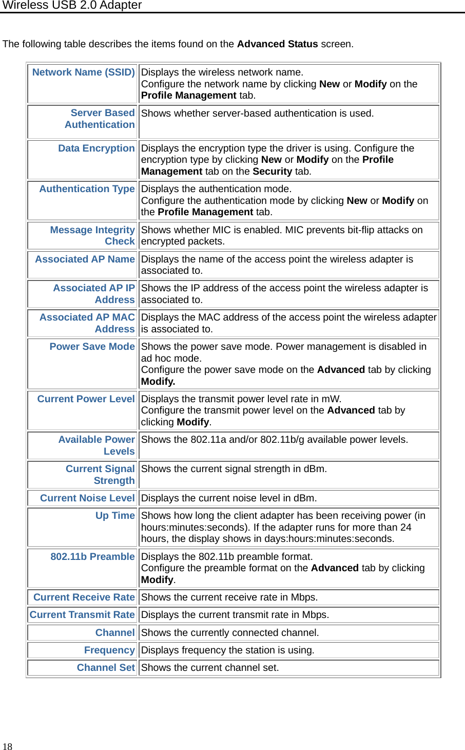 Wireless USB 2.0 Adapter    18The following table describes the items found on the Advanced Status screen. Network Name (SSID) Displays the wireless network name. Configure the network name by clicking New or Modify on the Profile Management tab. Server Based Authentication Shows whether server-based authentication is used. Data Encryption Displays the encryption type the driver is using. Configure the encryption type by clicking New or Modify on the Profile Management tab on the Security tab. Authentication Type Displays the authentication mode. Configure the authentication mode by clicking New or Modify on the Profile Management tab. Message Integrity Check Shows whether MIC is enabled. MIC prevents bit-flip attacks on encrypted packets. Associated AP Name Displays the name of the access point the wireless adapter is associated to. Associated AP IP Address Shows the IP address of the access point the wireless adapter is associated to. Associated AP MAC Address Displays the MAC address of the access point the wireless adapter is associated to. Power Save Mode Shows the power save mode. Power management is disabled in ad hoc mode.  Configure the power save mode on the Advanced tab by clicking Modify. Current Power Level Displays the transmit power level rate in mW.   Configure the transmit power level on the Advanced tab by clicking Modify. Available Power Levels Shows the 802.11a and/or 802.11b/g available power levels. Current Signal Strength Shows the current signal strength in dBm. Current Noise Level Displays the current noise level in dBm. Up Time Shows how long the client adapter has been receiving power (in hours:minutes:seconds). If the adapter runs for more than 24 hours, the display shows in days:hours:minutes:seconds. 802.11b Preamble Displays the 802.11b preamble format. Configure the preamble format on the Advanced tab by clicking Modify. Current Receive Rate Shows the current receive rate in Mbps. Current Transmit Rate Displays the current transmit rate in Mbps. Channel Shows the currently connected channel. Frequency Displays frequency the station is using. Channel Set Shows the current channel set.  