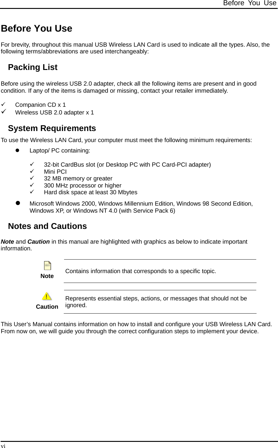 Before You Use  vi Before You Use For brevity, throughout this manual USB Wireless LAN Card is used to indicate all the types. Also, the following terms/abbreviations are used interchangeably: Packing List Before using the wireless USB 2.0 adapter, check all the following items are present and in good condition. If any of the items is damaged or missing, contact your retailer immediately. 9  Companion CD x 1 9 Wireless USB 2.0 adapter x 1 System Requirements To use the Wireless LAN Card, your computer must meet the following minimum requirements: z  Laptop/ PC containing: 9  32-bit CardBus slot (or Desktop PC with PC Card-PCI adapter) 9 Mini PCI 9  32 MB memory or greater 9  300 MHz processor or higher 9  Hard disk space at least 30 Mbytes z Microsoft Windows 2000, Windows Millennium Edition, Windows 98 Second Edition, Windows XP, or Windows NT 4.0 (with Service Pack 6) Notes and Cautions Note and Caution in this manual are highlighted with graphics as below to indicate important information.  Note Contains information that corresponds to a specific topic.   Caution Represents essential steps, actions, or messages that should not be ignored. This User’s Manual contains information on how to install and configure your USB Wireless LAN Card. From now on, we will guide you through the correct configuration steps to implement your device. 