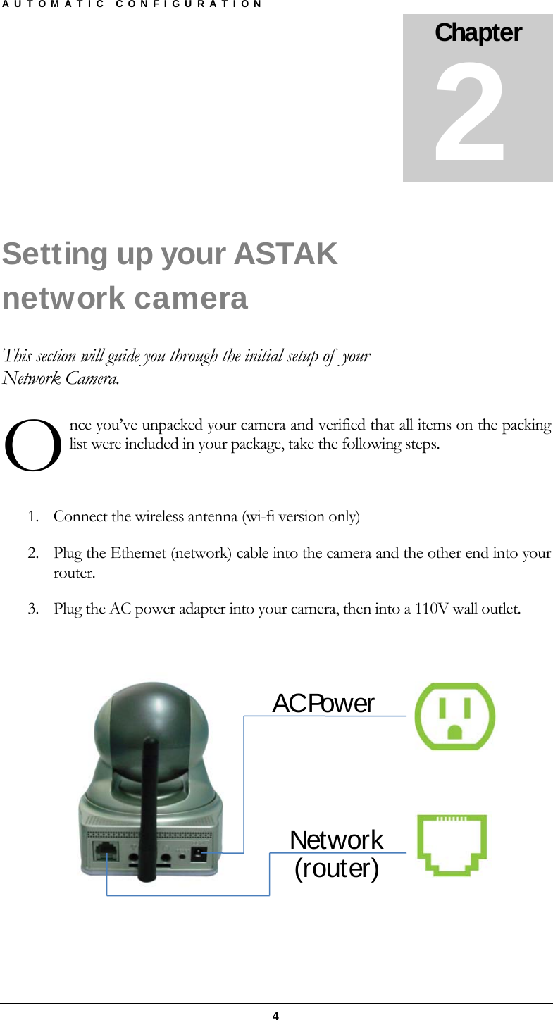 AUTOMATIC CONFIGURATION  4 Setting up your ASTAK network camera This section will guide you through the initial setup of  your Network Camera.   nce you’ve unpacked your camera and verified that all items on the packing list were included in your package, take the following steps.   1. Connect the wireless antenna (wi-fi version only) 2. Plug the Ethernet (network) cable into the camera and the other end into your router. 3. Plug the AC power adapter into your camera, then into a 110V wall outlet.  AC PowerNetwork(router)  Chapter 2 O 