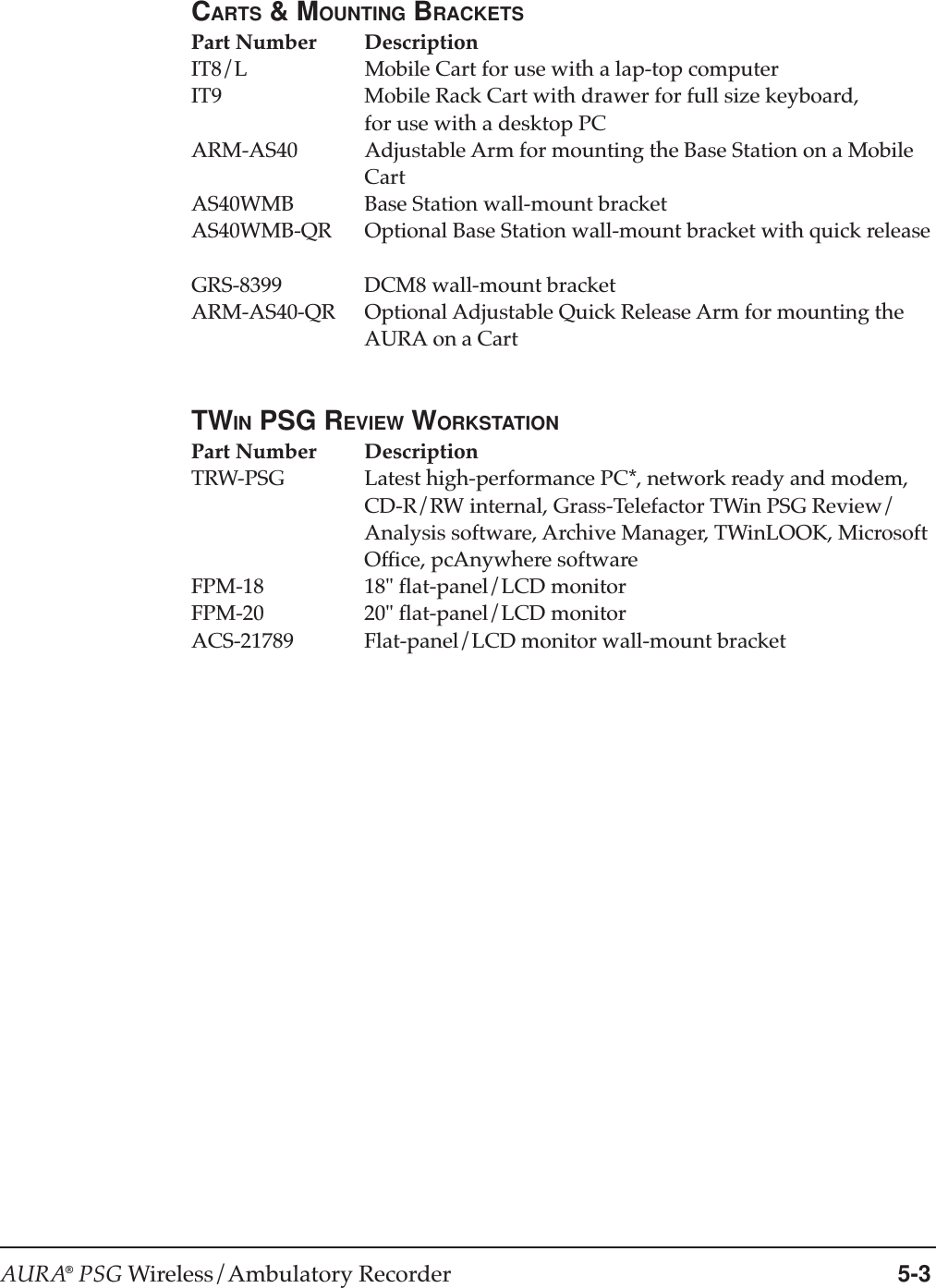 AURA® PSG Wireless/Ambulatory Recorder 5-3CARTS &amp; MOUNTING BRACKETSPart Number DescriptionIT8/L Mobile Cart for use with a lap-top computerIT9 Mobile Rack Cart with drawer for full size keyboard,for use with a desktop PCARM-AS40 Adjustable Arm for mounting the Base Station on a MobileCartAS40WMB Base Station wall-mount bracketAS40WMB-QR Optional Base Station wall-mount bracket with quick releaseGRS-8399 DCM8 wall-mount bracketARM-AS40-QR Optional Adjustable Quick Release Arm for mounting theAURA on a CartTWIN PSG REVIEW WORKSTATIONPart Number DescriptionTRW-PSG Latest high-performance PC*, network ready and modem,CD-R/RW internal, Grass-Telefactor TWin PSG Review/Analysis software, Archive Manager, TWinLOOK, MicrosoftOffice, pcAnywhere softwareFPM-18 18&quot; flat-panel/LCD monitorFPM-20 20&quot; flat-panel/LCD monitorACS-21789 Flat-panel/LCD monitor wall-mount bracket
