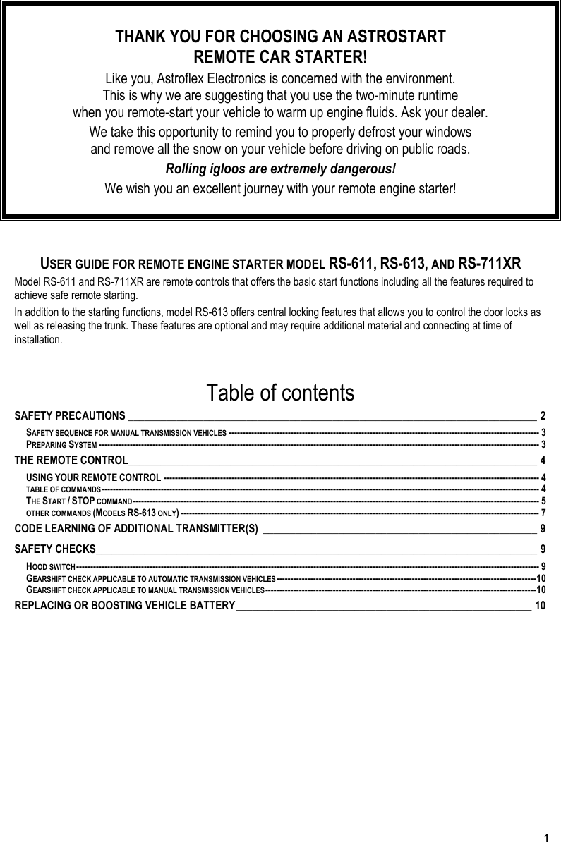 Page 3 of 12 - Astrostart Astrostart-Rs-611-Users-Manual PUB2007007V00R00