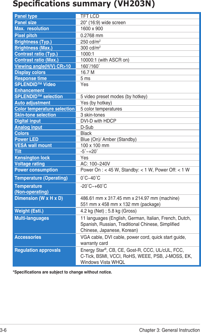 Asus Computer Monitor Vh3 Users Manual Vh3d User Guide Operating Instructions