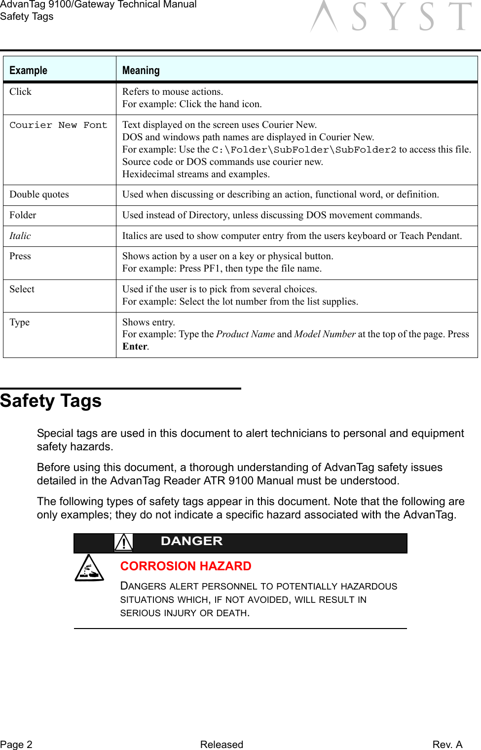 Page 2 Released Rev. AAdvanTag 9100/Gateway Technical ManualSafety Tags aSafety TagsSpecial tags are used in this document to alert technicians to personal and equipment safety hazards.Before using this document, a thorough understanding of AdvanTag safety issues detailed in the AdvanTag Reader ATR 9100 Manual must be understood.The following types of safety tags appear in this document. Note that the following are only examples; they do not indicate a specific hazard associated with the AdvanTag.DANGERCORROSION HAZARDDANGERS ALERT PERSONNEL TO POTENTIALLY HAZARDOUS SITUATIONS WHICH, IF NOT AVOIDED, WILL RESULT IN SERIOUS INJURY OR DEATH.Click Refers to mouse actions.For example: Click the hand icon.Courier New Font Text displayed on the screen uses Courier New.DOS and windows path names are displayed in Courier New.For example: Use the C:\Folder\SubFolder\SubFolder2 to access this file.Source code or DOS commands use courier new.Hexidecimal streams and examples.Double quotes Used when discussing or describing an action, functional word, or definition.Folder Used instead of Directory, unless discussing DOS movement commands.Italic Italics are used to show computer entry from the users keyboard or Teach Pendant.Press Shows action by a user on a key or physical button.For example: Press PF1, then type the file name.Select Used if the user is to pick from several choices.For example: Select the lot number from the list supplies.Type Shows entry.For example: Type the Product Name and Model Number at the top of the page. Press Enter.Example Meaning