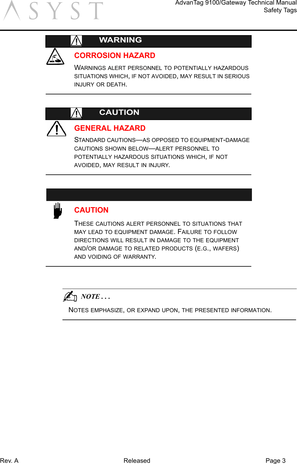 Rev. A Released Page 3AdvanTag 9100/Gateway Technical ManualSafety TagsaWARNINGCORROSION HAZARDWARNINGS ALERT PERSONNEL TO POTENTIALLY HAZARDOUS SITUATIONS WHICH, IF NOT AVOIDED, MAY RESULT IN SERIOUS INJURY OR DEATH.GENERAL HAZARDCAUTIONSTANDARD CAUTIONS—AS OPPOSED TO EQUIPMENT-DAMAGE CAUTIONS SHOWN BELOW—ALERT PERSONNEL TO POTENTIALLY HAZARDOUS SITUATIONS WHICH, IF NOT AVOIDED, MAY RESULT IN INJURY.CAUTIONTHESE CAUTIONS ALERT PERSONNEL TO SITUATIONS THAT MAY LEAD TO EQUIPMENT DAMAGE. FAILURE TO FOLLOW DIRECTIONS WILL RESULT IN DAMAGE TO THE EQUIPMENT AND/OR DAMAGE TO RELATED PRODUCTS (E.G., WAFERS) AND VOIDING OF WARRANTY.                                          NOTE . . .NOTES EMPHASIZE, OR EXPAND UPON, THE PRESENTED INFORMATION.