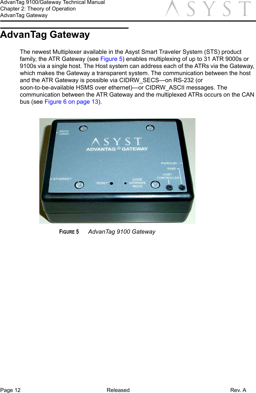 Page 12 Released Rev. AAdvanTag 9100/Gateway Technical ManualChapter 2: Theory of OperationAdvanTag Gateway aAdvanTag GatewayThe newest Multiplexer available in the Asyst Smart Traveler System (STS) product family, the ATR Gateway (see Figure 5) enables multiplexing of up to 31 ATR 9000s or 9100s via a single host. The Host system can address each of the ATRs via the Gateway, which makes the Gateway a transparent system. The communication between the host and the ATR Gateway is possible via CIDRW_SECS—on RS-232 (or soon-to-be-available HSMS over ethernet)—or CIDRW_ASCII messages. The communication between the ATR Gateway and the multiplexed ATRs occurs on the CAN bus (see Figure 6 on page 13).FIGURE 5 AdvanTag 9100 Gateway