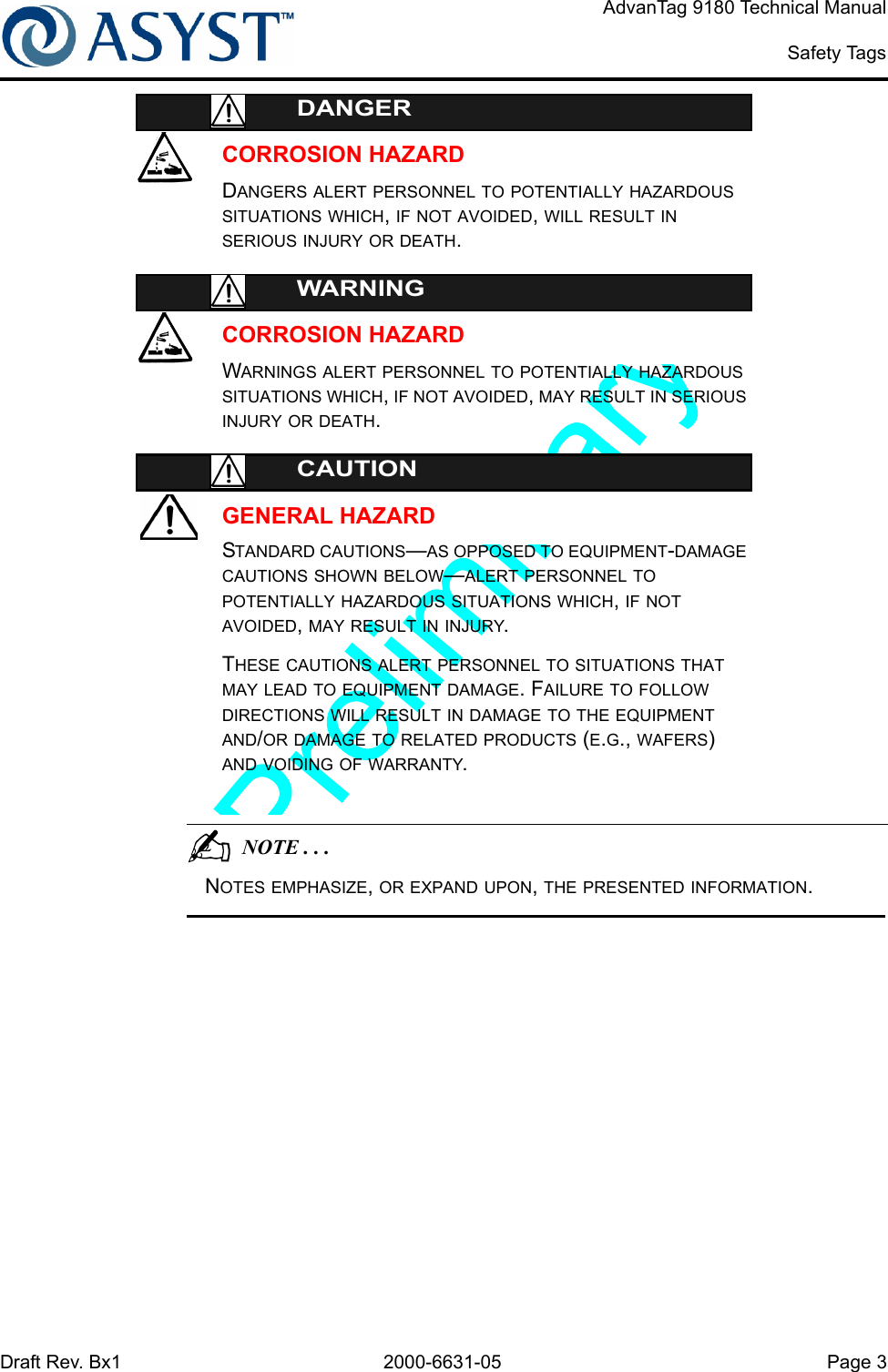 Draft Rev. Bx1 2000-6631-05 Page 3AdvanTag 9180 Technical ManualSafety TagsDANGERCORROSION HAZARDDANGERS ALERT PERSONNEL TO POTENTIALLY HAZARDOUS SITUATIONS WHICH, IF NOT AVOIDED, WILL RESULT IN SERIOUS INJURY OR DEATH.WARNINGCORROSION HAZARDWARNINGS ALERT PERSONNEL TO POTENTIALLY HAZARDOUS SITUATIONS WHICH, IF NOT AVOIDED, MAY RESULT IN SERIOUS INJURY OR DEATH.GENERAL HAZARDCAUTIONSTANDARD CAUTIONS—AS OPPOSED TO EQUIPMENT-DAMAGE CAUTIONS SHOWN BELOW—ALERT PERSONNEL TO POTENTIALLY HAZARDOUS SITUATIONS WHICH, IF NOT AVOIDED, MAY RESULT IN INJURY.THESE CAUTIONS ALERT PERSONNEL TO SITUATIONS THAT MAY LEAD TO EQUIPMENT DAMAGE. FAILURE TO FOLLOW DIRECTIONS WILL RESULT IN DAMAGE TO THE EQUIPMENT AND/OR DAMAGE TO RELATED PRODUCTS (E.G., WAFERS) AND VOIDING OF WARRANTY.                                          NOTE . . .NOTES EMPHASIZE, OR EXPAND UPON, THE PRESENTED INFORMATION.