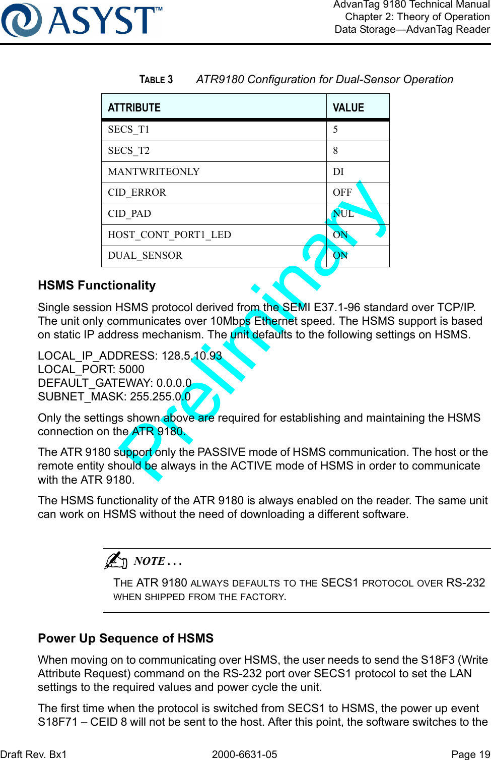 Draft Rev. Bx1 2000-6631-05 Page 19AdvanTag 9180 Technical ManualChapter 2: Theory of OperationData Storage—AdvanTag ReaderHSMS FunctionalitySingle session HSMS protocol derived from the SEMI E37.1-96 standard over TCP/IP. The unit only communicates over 10Mbps Ethernet speed. The HSMS support is based on static IP address mechanism. The unit defaults to the following settings on HSMS.LOCAL_IP_ADDRESS: 128.5.10.93 LOCAL_PORT: 5000 DEFAULT_GATEWAY: 0.0.0.0 SUBNET_MASK: 255.255.0.0 Only the settings shown above are required for establishing and maintaining the HSMS connection on the ATR 9180. The ATR 9180 support only the PASSIVE mode of HSMS communication. The host or the remote entity should be always in the ACTIVE mode of HSMS in order to communicate with the ATR 9180. The HSMS functionality of the ATR 9180 is always enabled on the reader. The same unit can work on HSMS without the need of downloading a different software.                                           NOTE . . .THE ATR 9180 ALWAYS DEFAULTS TO THE SECS1 PROTOCOL OVER RS-232 WHEN SHIPPED FROM THE FACTORY. Power Up Sequence of HSMSWhen moving on to communicating over HSMS, the user needs to send the S18F3 (Write Attribute Request) command on the RS-232 port over SECS1 protocol to set the LAN settings to the required values and power cycle the unit. The first time when the protocol is switched from SECS1 to HSMS, the power up event S18F71 – CEID 8 will not be sent to the host. After this point, the software switches to the TABLE 3 ATR9180 Configuration for Dual-Sensor OperationATTRIBUTE VALUESECS_T1 5SECS_T2 8MANTWRITEONLY DICID_ERROR OFFCID_PAD NULHOST_CONT_PORT1_LED ONDUAL_SENSOR ON