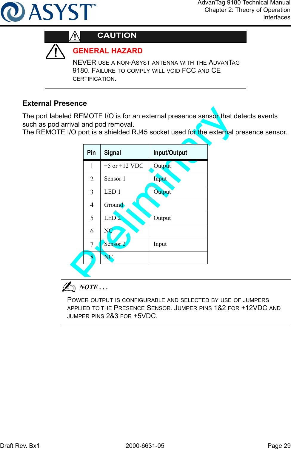 Draft Rev. Bx1 2000-6631-05 Page 29AdvanTag 9180 Technical ManualChapter 2: Theory of OperationInterfacesGENERAL HAZARDCAUTIONNEVER USE A NON-ASYST ANTENNA WITH THE ADVANTAG 9180. FAILURE TO COMPLY WILL VOID FCC AND CE CERTIFICATION.External PresenceThe port labeled REMOTE I/O is for an external presence sensor that detects events such as pod arrival and pod removal.The REMOTE I/O port is a shielded RJ45 socket used for the external presence sensor.                                          NOTE . . .POWER OUTPUT IS CONFIGURABLE AND SELECTED BY USE OF JUMPERS APPLIED TO THE PRESENCE SENSOR. JUMPER PINS 1&amp;2 FOR +12VDC AND JUMPER PINS 2&amp;3 FOR +5VDC.Pin Signal Input/Output1+5 or +12 VDC Output2Sensor 1 Input3LED 1 Output4Ground5LED 2 Output6NC7Sensor 2 Input8NC