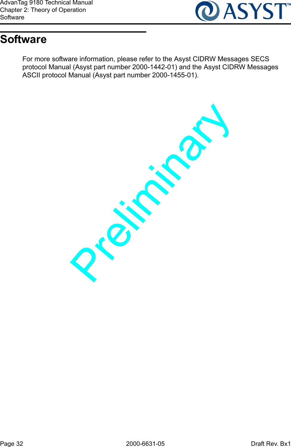 Page 32 2000-6631-05 Draft Rev. Bx1AdvanTag 9180 Technical ManualChapter 2: Theory of OperationSoftwareSoftwareFor more software information, please refer to the Asyst CIDRW Messages SECS protocol Manual (Asyst part number 2000-1442-01) and the Asyst CIDRW Messages ASCII protocol Manual (Asyst part number 2000-1455-01).