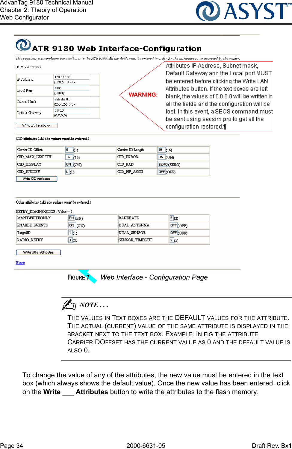 Page 34 2000-6631-05 Draft Rev. Bx1AdvanTag 9180 Technical ManualChapter 2: Theory of OperationWeb ConfiguratorFIGURE 7 Web Interface - Configuration Page                                          NOTE . . .THE VALUES IN TEXT BOXES ARE THE DEFAULT VALUES FOR THE ATTRIBUTE. THE ACTUAL (CURRENT) VALUE OF THE SAME ATTRIBUTE IS DISPLAYED IN THE BRACKET NEXT TO THE TEXT BOX. EXAMPLE: IN FIG THE ATTRIBUTE CARRIERIDOFFSET HAS THE CURRENT VALUE AS 0 AND THE DEFAULT VALUE IS ALSO 0.To change the value of any of the attributes, the new value must be entered in the text box (which always shows the default value). Once the new value has been entered, click on the Write ___ Attributes button to write the attributes to the flash memory. WARNING: