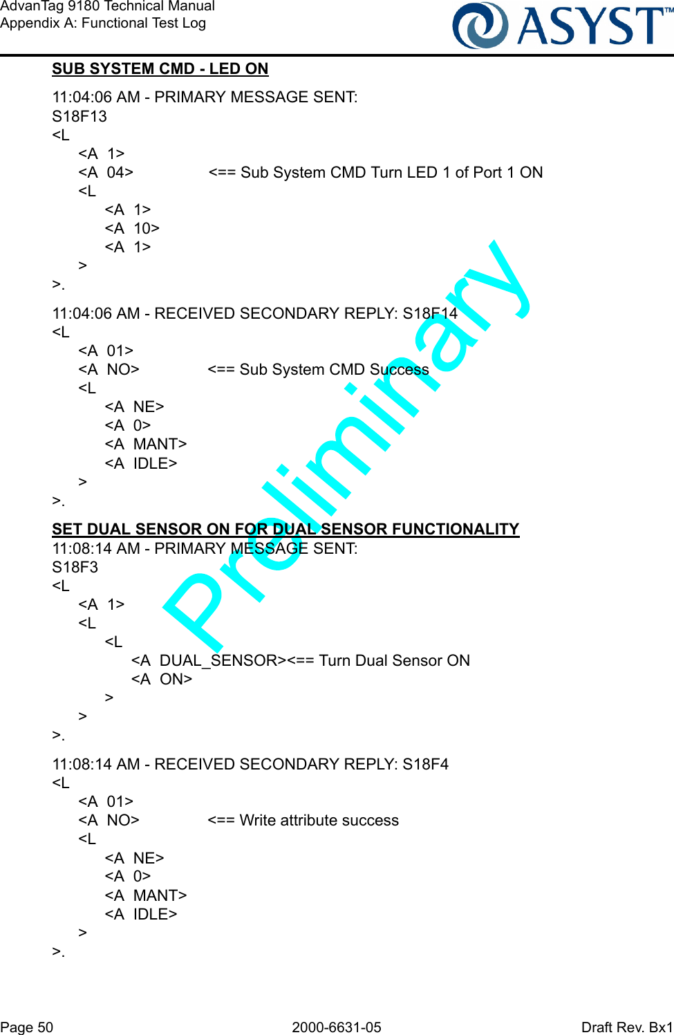 Page 50 2000-6631-05 Draft Rev. Bx1AdvanTag 9180 Technical ManualAppendix A: Functional Test LogSUB SYSTEM CMD - LED ON11:04:06 AM - PRIMARY MESSAGE SENT: S18F13&lt;L      &lt;A  1&gt;      &lt;A  04&gt; &lt;== Sub System CMD Turn LED 1 of Port 1 ON      &lt;L            &lt;A  1&gt;            &lt;A  10&gt;            &lt;A  1&gt;      &gt;&gt;.11:04:06 AM - RECEIVED SECONDARY REPLY: S18F14&lt;L      &lt;A  01&gt;      &lt;A  NO&gt; &lt;== Sub System CMD Success      &lt;L            &lt;A  NE&gt;            &lt;A  0&gt;            &lt;A  MANT&gt;            &lt;A  IDLE&gt;      &gt;&gt;.SET DUAL SENSOR ON FOR DUAL SENSOR FUNCTIONALITY11:08:14 AM - PRIMARY MESSAGE SENT: S18F3&lt;L      &lt;A  1&gt;      &lt;L            &lt;L                  &lt;A  DUAL_SENSOR&gt;&lt;== Turn Dual Sensor ON                  &lt;A  ON&gt;            &gt;      &gt;&gt;.11:08:14 AM - RECEIVED SECONDARY REPLY: S18F4&lt;L      &lt;A  01&gt;      &lt;A  NO&gt; &lt;== Write attribute success      &lt;L            &lt;A  NE&gt;            &lt;A  0&gt;            &lt;A  MANT&gt;            &lt;A  IDLE&gt;      &gt;&gt;.