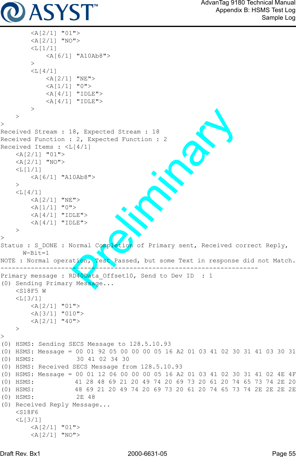 Draft Rev. Bx1 2000-6631-05 Page 55AdvanTag 9180 Technical ManualAppendix B: HSMS Test LogSample Log        &lt;A[2/1] &quot;01&quot;&gt;        &lt;A[2/1] &quot;NO&quot;&gt;        &lt;L[1/1]            &lt;A[6/1] &quot;A10Ab8&quot;&gt;        &gt;        &lt;L[4/1]            &lt;A[2/1] &quot;NE&quot;&gt;            &lt;A[1/1] &quot;0&quot;&gt;            &lt;A[4/1] &quot;IDLE&quot;&gt;            &lt;A[4/1] &quot;IDLE&quot;&gt;        &gt;    &gt;&gt;Received Stream : 18, Expected Stream : 18Received Function : 2, Expected Function : 2Received Items : &lt;L[4/1]    &lt;A[2/1] &quot;01&quot;&gt;    &lt;A[2/1] &quot;NO&quot;&gt;    &lt;L[1/1]        &lt;A[6/1] &quot;A10Ab8&quot;&gt;    &gt;    &lt;L[4/1]        &lt;A[2/1] &quot;NE&quot;&gt;        &lt;A[1/1] &quot;0&quot;&gt;        &lt;A[4/1] &quot;IDLE&quot;&gt;        &lt;A[4/1] &quot;IDLE&quot;&gt;    &gt;&gt;Status : S_DONE : Normal Completion of Primary sent, Received correct Reply, W-Bit=1NOTE : Normal operation, Test Passed, but some Text in response did not Match.--------------------------------------------------------------------Primary message : RD40Data_Offset10, Send to Dev ID  : 1(0) Sending Primary Message...    &lt;S18F5 W    &lt;L[3/1]        &lt;A[2/1] &quot;01&quot;&gt;        &lt;A[3/1] &quot;010&quot;&gt;        &lt;A[2/1] &quot;40&quot;&gt;    &gt;&gt;(0) HSMS: Sending SECS Message to 128.5.10.93(0) HSMS: Message = 00 01 92 05 00 00 00 05 16 A2 01 03 41 02 30 31 41 03 30 31(0) HSMS:           30 41 02 34 30(0) HSMS: Received SECS Message from 128.5.10.93(0) HSMS: Message = 00 01 12 06 00 00 00 05 16 A2 01 03 41 02 30 31 41 02 4E 4F(0) HSMS:           41 28 48 69 21 20 49 74 20 69 73 20 61 20 74 65 73 74 2E 20(0) HSMS:           48 69 21 20 49 74 20 69 73 20 61 20 74 65 73 74 2E 2E 2E 2E(0) HSMS:           2E 48(0) Received Reply Message...    &lt;S18F6    &lt;L[3/1]        &lt;A[2/1] &quot;01&quot;&gt;        &lt;A[2/1] &quot;NO&quot;&gt;