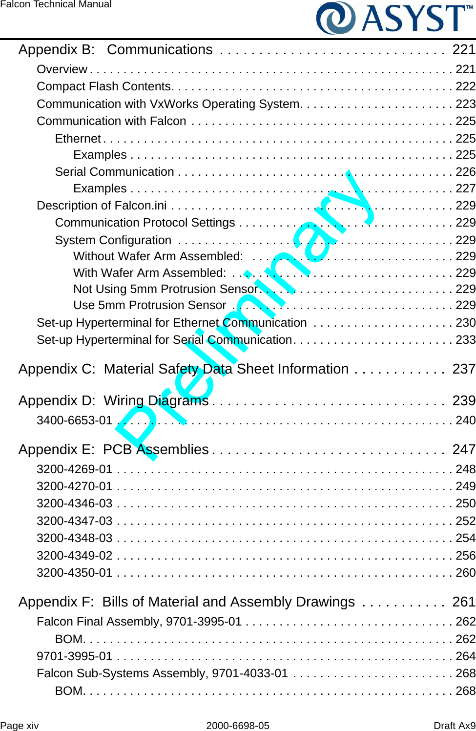 Page xiv 2000-6698-05 Draft Ax9Falcon Technical Manual Appendix B:   Communications  . . . . . . . . . . . . . . . . . . . . . . . . . . . . .  221Overview . . . . . . . . . . . . . . . . . . . . . . . . . . . . . . . . . . . . . . . . . . . . . . . . . . . . . . 221Compact Flash Contents. . . . . . . . . . . . . . . . . . . . . . . . . . . . . . . . . . . . . . . . . . 222Communication with VxWorks Operating System. . . . . . . . . . . . . . . . . . . . . . . 223Communication with Falcon . . . . . . . . . . . . . . . . . . . . . . . . . . . . . . . . . . . . . . . 225Ethernet . . . . . . . . . . . . . . . . . . . . . . . . . . . . . . . . . . . . . . . . . . . . . . . . . . . . 225Examples . . . . . . . . . . . . . . . . . . . . . . . . . . . . . . . . . . . . . . . . . . . . . . . . 225Serial Communication . . . . . . . . . . . . . . . . . . . . . . . . . . . . . . . . . . . . . . . . . 226Examples . . . . . . . . . . . . . . . . . . . . . . . . . . . . . . . . . . . . . . . . . . . . . . . . 227Description of Falcon.ini . . . . . . . . . . . . . . . . . . . . . . . . . . . . . . . . . . . . . . . . . . 229Communication Protocol Settings . . . . . . . . . . . . . . . . . . . . . . . . . . . . . . . . 229System Configuration  . . . . . . . . . . . . . . . . . . . . . . . . . . . . . . . . . . . . . . . . . 229Without Wafer Arm Assembled:   . . . . . . . . . . . . . . . . . . . . . . . . . . . . . . 229With Wafer Arm Assembled:  . . . . . . . . . . . . . . . . . . . . . . . . . . . . . . . . . 229Not Using 5mm Protrusion Sensor. . . . . . . . . . . . . . . . . . . . . . . . . . . . . 229Use 5mm Protrusion Sensor  . . . . . . . . . . . . . . . . . . . . . . . . . . . . . . . . . 229Set-up Hyperterminal for Ethernet Communication  . . . . . . . . . . . . . . . . . . . . . 230Set-up Hyperterminal for Serial Communication. . . . . . . . . . . . . . . . . . . . . . . . 233Appendix C:  Material Safety Data Sheet Information . . . . . . . . . . . .  237Appendix D:  Wiring Diagrams . . . . . . . . . . . . . . . . . . . . . . . . . . . . . .  2393400-6653-01 . . . . . . . . . . . . . . . . . . . . . . . . . . . . . . . . . . . . . . . . . . . . . . . . . . 240Appendix E:  PCB Assemblies . . . . . . . . . . . . . . . . . . . . . . . . . . . . . .  2473200-4269-01 . . . . . . . . . . . . . . . . . . . . . . . . . . . . . . . . . . . . . . . . . . . . . . . . . . 2483200-4270-01 . . . . . . . . . . . . . . . . . . . . . . . . . . . . . . . . . . . . . . . . . . . . . . . . . . 2493200-4346-03 . . . . . . . . . . . . . . . . . . . . . . . . . . . . . . . . . . . . . . . . . . . . . . . . . . 2503200-4347-03 . . . . . . . . . . . . . . . . . . . . . . . . . . . . . . . . . . . . . . . . . . . . . . . . . . 2523200-4348-03 . . . . . . . . . . . . . . . . . . . . . . . . . . . . . . . . . . . . . . . . . . . . . . . . . . 2543200-4349-02 . . . . . . . . . . . . . . . . . . . . . . . . . . . . . . . . . . . . . . . . . . . . . . . . . . 2563200-4350-01 . . . . . . . . . . . . . . . . . . . . . . . . . . . . . . . . . . . . . . . . . . . . . . . . . . 260Appendix F:  Bills of Material and Assembly Drawings  . . . . . . . . . . .  261Falcon Final Assembly, 9701-3995-01 . . . . . . . . . . . . . . . . . . . . . . . . . . . . . . . 262BOM. . . . . . . . . . . . . . . . . . . . . . . . . . . . . . . . . . . . . . . . . . . . . . . . . . . . . . . 2629701-3995-01 . . . . . . . . . . . . . . . . . . . . . . . . . . . . . . . . . . . . . . . . . . . . . . . . . . 264Falcon Sub-Systems Assembly, 9701-4033-01 . . . . . . . . . . . . . . . . . . . . . . . . 268BOM. . . . . . . . . . . . . . . . . . . . . . . . . . . . . . . . . . . . . . . . . . . . . . . . . . . . . . . 268