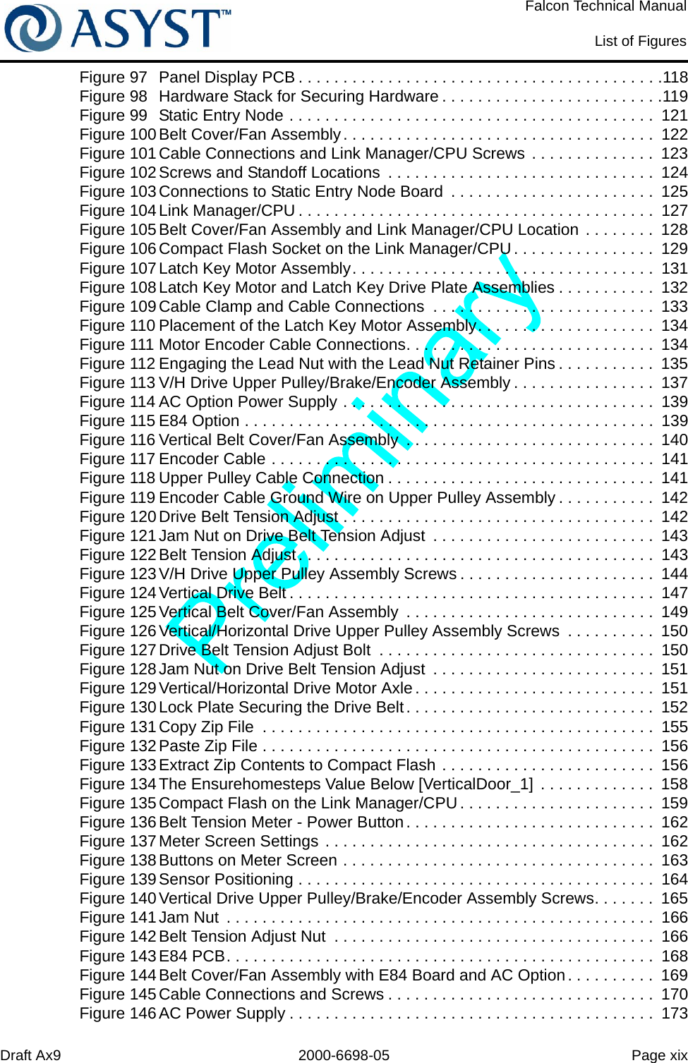 Draft Ax9 2000-6698-05 Page xixFalcon Technical ManualList of FiguresFigure 97 Panel Display PCB . . . . . . . . . . . . . . . . . . . . . . . . . . . . . . . . . . . . . . . . .118Figure 98 Hardware Stack for Securing Hardware . . . . . . . . . . . . . . . . . . . . . . . . .119Figure 99 Static Entry Node . . . . . . . . . . . . . . . . . . . . . . . . . . . . . . . . . . . . . . . . .  121Figure 100Belt Cover/Fan Assembly. . . . . . . . . . . . . . . . . . . . . . . . . . . . . . . . . . .  122Figure 101Cable Connections and Link Manager/CPU Screws . . . . . . . . . . . . . .  123Figure 102Screws and Standoff Locations  . . . . . . . . . . . . . . . . . . . . . . . . . . . . . .  124Figure 103Connections to Static Entry Node Board  . . . . . . . . . . . . . . . . . . . . . . .  125Figure 104Link Manager/CPU . . . . . . . . . . . . . . . . . . . . . . . . . . . . . . . . . . . . . . . .  127Figure 105Belt Cover/Fan Assembly and Link Manager/CPU Location . . . . . . . .  128Figure 106Compact Flash Socket on the Link Manager/CPU. . . . . . . . . . . . . . . .  129Figure 107Latch Key Motor Assembly. . . . . . . . . . . . . . . . . . . . . . . . . . . . . . . . . .  131Figure 108Latch Key Motor and Latch Key Drive Plate Assemblies . . . . . . . . . . .  132Figure 109Cable Clamp and Cable Connections  . . . . . . . . . . . . . . . . . . . . . . . . .  133Figure 110 Placement of the Latch Key Motor Assembly. . . . . . . . . . . . . . . . . . . .  134Figure 111 Motor Encoder Cable Connections. . . . . . . . . . . . . . . . . . . . . . . . . . . .  134Figure 112 Engaging the Lead Nut with the Lead Nut Retainer Pins . . . . . . . . . . .  135Figure 113 V/H Drive Upper Pulley/Brake/Encoder Assembly . . . . . . . . . . . . . . . .  137Figure 114 AC Option Power Supply . . . . . . . . . . . . . . . . . . . . . . . . . . . . . . . . . . .  139Figure 115 E84 Option . . . . . . . . . . . . . . . . . . . . . . . . . . . . . . . . . . . . . . . . . . . . . .  139Figure 116 Vertical Belt Cover/Fan Assembly  . . . . . . . . . . . . . . . . . . . . . . . . . . . .  140Figure 117 Encoder Cable . . . . . . . . . . . . . . . . . . . . . . . . . . . . . . . . . . . . . . . . . . .  141Figure 118 Upper Pulley Cable Connection . . . . . . . . . . . . . . . . . . . . . . . . . . . . . .  141Figure 119 Encoder Cable Ground Wire on Upper Pulley Assembly . . . . . . . . . . .  142Figure 120Drive Belt Tension Adjust . . . . . . . . . . . . . . . . . . . . . . . . . . . . . . . . . . .  142Figure 121Jam Nut on Drive Belt Tension Adjust  . . . . . . . . . . . . . . . . . . . . . . . . .  143Figure 122Belt Tension Adjust. . . . . . . . . . . . . . . . . . . . . . . . . . . . . . . . . . . . . . . .  143Figure 123V/H Drive Upper Pulley Assembly Screws . . . . . . . . . . . . . . . . . . . . . .  144Figure 124Vertical Drive Belt . . . . . . . . . . . . . . . . . . . . . . . . . . . . . . . . . . . . . . . . .  147Figure 125Vertical Belt Cover/Fan Assembly  . . . . . . . . . . . . . . . . . . . . . . . . . . . .  149Figure 126Vertical/Horizontal Drive Upper Pulley Assembly Screws  . . . . . . . . . .  150Figure 127Drive Belt Tension Adjust Bolt  . . . . . . . . . . . . . . . . . . . . . . . . . . . . . . .  150Figure 128Jam Nut on Drive Belt Tension Adjust  . . . . . . . . . . . . . . . . . . . . . . . . .  151Figure 129Vertical/Horizontal Drive Motor Axle . . . . . . . . . . . . . . . . . . . . . . . . . . .  151Figure 130Lock Plate Securing the Drive Belt. . . . . . . . . . . . . . . . . . . . . . . . . . . .  152Figure 131Copy Zip File  . . . . . . . . . . . . . . . . . . . . . . . . . . . . . . . . . . . . . . . . . . . .  155Figure 132Paste Zip File . . . . . . . . . . . . . . . . . . . . . . . . . . . . . . . . . . . . . . . . . . . .  156Figure 133Extract Zip Contents to Compact Flash . . . . . . . . . . . . . . . . . . . . . . . .  156Figure 134The Ensurehomesteps Value Below [VerticalDoor_1]  . . . . . . . . . . . . .  158Figure 135Compact Flash on the Link Manager/CPU . . . . . . . . . . . . . . . . . . . . . .  159Figure 136Belt Tension Meter - Power Button. . . . . . . . . . . . . . . . . . . . . . . . . . . .  162Figure 137Meter Screen Settings . . . . . . . . . . . . . . . . . . . . . . . . . . . . . . . . . . . . .  162Figure 138Buttons on Meter Screen . . . . . . . . . . . . . . . . . . . . . . . . . . . . . . . . . . .  163Figure 139Sensor Positioning . . . . . . . . . . . . . . . . . . . . . . . . . . . . . . . . . . . . . . . .  164Figure 140Vertical Drive Upper Pulley/Brake/Encoder Assembly Screws. . . . . . .  165Figure 141Jam Nut  . . . . . . . . . . . . . . . . . . . . . . . . . . . . . . . . . . . . . . . . . . . . . . . .  166Figure 142Belt Tension Adjust Nut  . . . . . . . . . . . . . . . . . . . . . . . . . . . . . . . . . . . .  166Figure 143E84 PCB. . . . . . . . . . . . . . . . . . . . . . . . . . . . . . . . . . . . . . . . . . . . . . . .  168Figure 144Belt Cover/Fan Assembly with E84 Board and AC Option. . . . . . . . . .  169Figure 145Cable Connections and Screws . . . . . . . . . . . . . . . . . . . . . . . . . . . . . .  170Figure 146AC Power Supply . . . . . . . . . . . . . . . . . . . . . . . . . . . . . . . . . . . . . . . . .  173