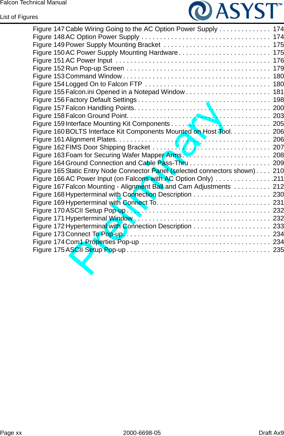 Page xx 2000-6698-05 Draft Ax9Falcon Technical Manual List of FiguresFigure 147Cable Wiring Going to the AC Option Power Supply . . . . . . . . . . . . . .  174Figure 148AC Option Power Supply . . . . . . . . . . . . . . . . . . . . . . . . . . . . . . . . . . .  174Figure 149Power Supply Mounting Bracket  . . . . . . . . . . . . . . . . . . . . . . . . . . . . .  175Figure 150AC Power Supply Mounting Hardware. . . . . . . . . . . . . . . . . . . . . . . . .  175Figure 151AC Power Input  . . . . . . . . . . . . . . . . . . . . . . . . . . . . . . . . . . . . . . . . . .  176Figure 152Run Pop-up Screen . . . . . . . . . . . . . . . . . . . . . . . . . . . . . . . . . . . . . . .  179Figure 153Command Window . . . . . . . . . . . . . . . . . . . . . . . . . . . . . . . . . . . . . . . .  180Figure 154Logged On to Falcon FTP  . . . . . . . . . . . . . . . . . . . . . . . . . . . . . . . . . .  180Figure 155Falcon.ini Opened in a Notepad Window . . . . . . . . . . . . . . . . . . . . . . .  181Figure 156Factory Default Settings . . . . . . . . . . . . . . . . . . . . . . . . . . . . . . . . . . . .  198Figure 157Falcon Handling Points. . . . . . . . . . . . . . . . . . . . . . . . . . . . . . . . . . . . .  200Figure 158Falcon Ground Point. . . . . . . . . . . . . . . . . . . . . . . . . . . . . . . . . . . . . . .  203Figure 159Interface Mounting Kit Components . . . . . . . . . . . . . . . . . . . . . . . . . . .  205Figure 160BOLTS Interface Kit Components Mounted on Host Tool. . . . . . . . . . .  206Figure 161Alignment Plates. . . . . . . . . . . . . . . . . . . . . . . . . . . . . . . . . . . . . . . . . .  206Figure 162FIMS Door Shipping Bracket . . . . . . . . . . . . . . . . . . . . . . . . . . . . . . . .  207Figure 163Foam for Securing Wafer Mapper Arms. . . . . . . . . . . . . . . . . . . . . . . .  208Figure 164Ground Connection and Cable Pass-Thru . . . . . . . . . . . . . . . . . . . . . .  209Figure 165Static Entry Node Connector Panel (selected connectors shown) . . . .  210Figure 166AC Power Input (on Falcons with AC Option Only) . . . . . . . . . . . . . . . .211Figure 167Falcon Mounting - Alignment Ball and Cam Adjustments  . . . . . . . . . .  212Figure 168Hyperterminal with Connection Description . . . . . . . . . . . . . . . . . . . . .  230Figure 169Hyperterminal with Connect To. . . . . . . . . . . . . . . . . . . . . . . . . . . . . . .  231Figure 170ASCII Setup Pop-up . . . . . . . . . . . . . . . . . . . . . . . . . . . . . . . . . . . . . . .  232Figure 171Hyperterminal Window . . . . . . . . . . . . . . . . . . . . . . . . . . . . . . . . . . . . .  232Figure 172Hyperterminal with Connection Description . . . . . . . . . . . . . . . . . . . . .  233Figure 173Connect To Pop-up. . . . . . . . . . . . . . . . . . . . . . . . . . . . . . . . . . . . . . . .  234Figure 174Com1 Properties Pop-up . . . . . . . . . . . . . . . . . . . . . . . . . . . . . . . . . . .  234Figure 175ASCII Setup Pop-up . . . . . . . . . . . . . . . . . . . . . . . . . . . . . . . . . . . . . . .  235