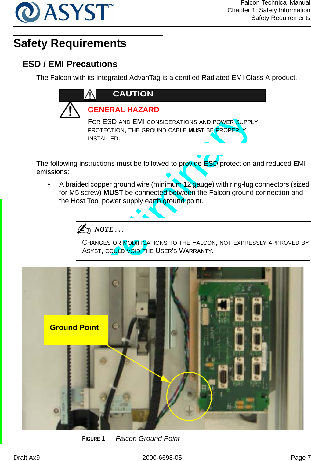 Draft Ax9 2000-6698-05 Page 7Falcon Technical ManualChapter 1: Safety InformationSafety RequirementsSafety RequirementsESD / EMI PrecautionsThe Falcon with its integrated AdvanTag is a certified Radiated EMI Class A product.GENERAL HAZARDCAUTIONFOR ESD AND EMI CONSIDERATIONS AND POWER SUPPLY PROTECTION, THE GROUND CABLE MUST BE PROPERLY INSTALLED.The following instructions must be followed to provide ESD protection and reduced EMI emissions:•  A braided copper ground wire (minimum 12 gauge) with ring-lug connectors (sized for M5 screw) MUST be connected between the Falcon ground connection and the Host Tool power supply earth ground point.                                           NOTE . . .CHANGES OR MODIFICATIONS TO THE FALCON, NOT EXPRESSLY APPROVED BY ASYST, COULD VOID THE USER&apos;S WARRANTY.FIGURE 1 Falcon Ground PointGround Point