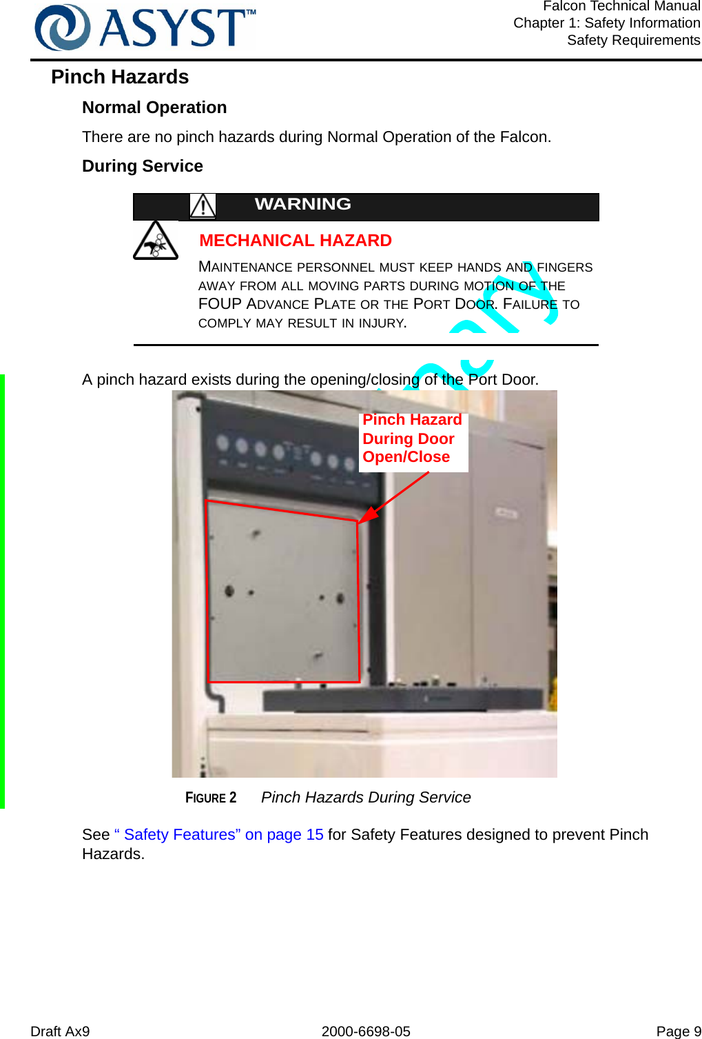 Draft Ax9 2000-6698-05 Page 9Falcon Technical ManualChapter 1: Safety InformationSafety RequirementsPinch HazardsNormal OperationThere are no pinch hazards during Normal Operation of the Falcon.During ServiceWARNINGMECHANICAL HAZARDMAINTENANCE PERSONNEL MUST KEEP HANDS AND FINGERS AWAY FROM ALL MOVING PARTS DURING MOTION OF THE FOUP ADVANCE PLATE OR THE PORT DOOR. FAILURE TO COMPLY MAY RESULT IN INJURY.A pinch hazard exists during the opening/closing of the Port Door.FIGURE 2 Pinch Hazards During ServiceSee “ Safety Features” on page 15 for Safety Features designed to prevent Pinch Hazards.Pinch Hazard During Door Open/Close