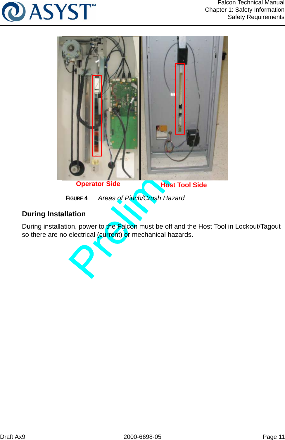 Draft Ax9 2000-6698-05 Page 11Falcon Technical ManualChapter 1: Safety InformationSafety RequirementsFIGURE 4 Areas of Pinch/Crush HazardDuring Installation During installation, power to the Falcon must be off and the Host Tool in Lockout/Tagout so there are no electrical (current) or mechanical hazards.Host Tool SideOperator Side