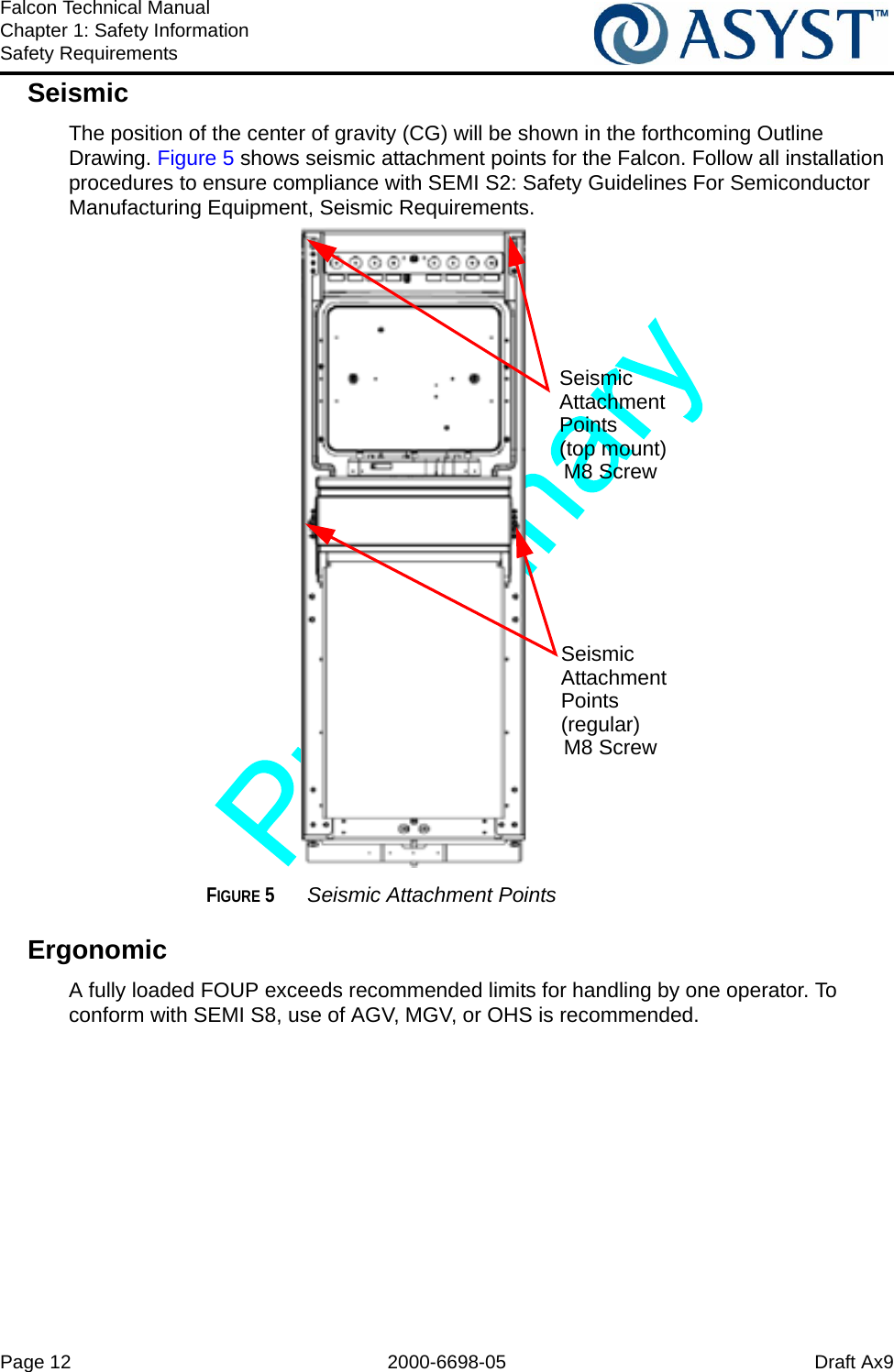 Page 12 2000-6698-05 Draft Ax9Falcon Technical ManualChapter 1: Safety InformationSafety RequirementsSeismicThe position of the center of gravity (CG) will be shown in the forthcoming Outline Drawing. Figure 5 shows seismic attachment points for the Falcon. Follow all installation procedures to ensure compliance with SEMI S2: Safety Guidelines For Semiconductor Manufacturing Equipment, Seismic Requirements.FIGURE 5 Seismic Attachment PointsErgonomicA fully loaded FOUP exceeds recommended limits for handling by one operator. To conform with SEMI S8, use of AGV, MGV, or OHS is recommended.Seismic AttachmentPoints(regular)Seismic AttachmentPoints (top mount)M8 ScrewM8 Screw