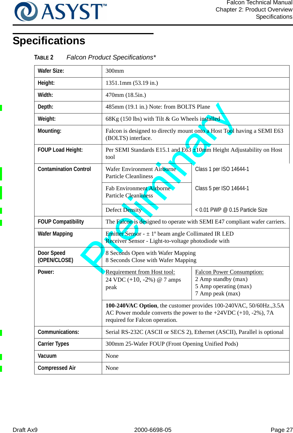 Draft Ax9 2000-6698-05 Page 27Falcon Technical ManualChapter 2: Product OverviewSpecificationsSpecificationsTABLE 2 Falcon Product Specifications*Wafer Size: 300mm Height:  1351.1mm (53.19 in.)Width: 470mm (18.5in.)Depth: 485mm (19.1 in.) Note: from BOLTS PlaneWeight: 68Kg (150 lbs) with Tilt &amp; Go Wheels installedMounting: Falcon is designed to directly mount onto a Host Tool having a SEMI E63 (BOLTS) interface.FOUP Load Height: Per SEMI Standards E15.1 and E63 ±10mm Height Adjustability on Host toolContamination Control Wafer Environment Airborne Particle Cleanliness Class 1 per ISO 14644-1Fab Environment Airborne Particle Cleanliness Class 5 per ISO 14644-1Defect Density &lt; 0.01 PWP @ 0.15 Particle SizeFOUP Compatibility The Falcon is designed to operate with SEMI E47 compliant wafer carriers.Wafer Mapping Emitter Sensor - ± 1º beam angle Collimated IR LEDReceiver Sensor - Light-to-voltage photodiode with Door Speed (OPEN/CLOSE) 8 Seconds Open with Wafer Mapping8 Seconds Close with Wafer MappingPower: Requirement from Host tool: 24 VDC (+10, -2%) @ 7 amps peakFalcon Power Consumption:2 Amp standby (max)5 Amp operating (max)7 Amp peak (max)100-240VAC Option, the customer provides 100-240VAC, 50/60Hz.,3.5A AC Power module converts the power to the +24VDC (+10, -2%), 7A required for Falcon operation.Communications: Serial RS-232C (ASCII or SECS 2), Ethernet (ASCII), Parallel is optionalCarrier Types 300mm 25-Wafer FOUP (Front Opening Unified Pods)Vacuum NoneCompressed Air None