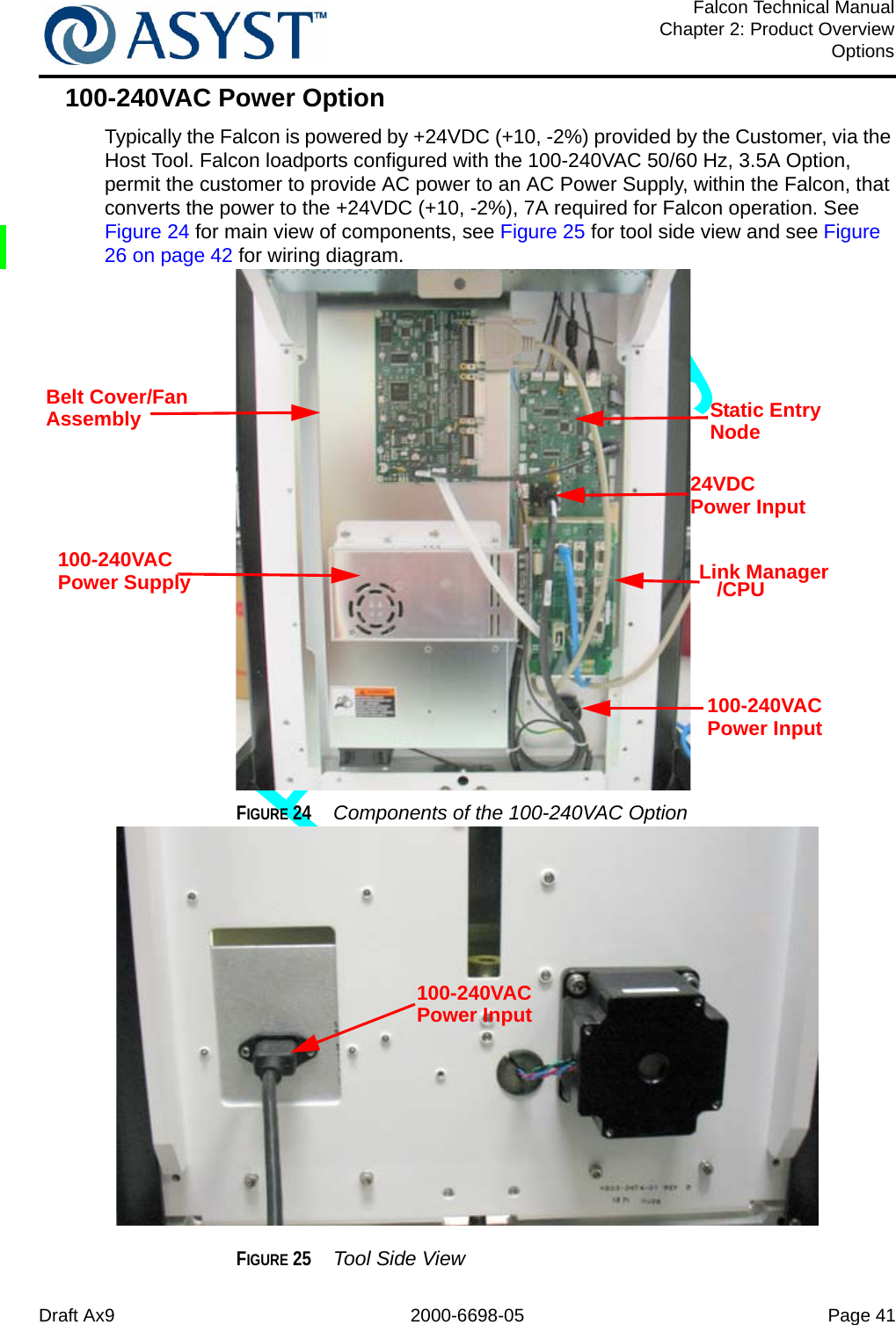 Draft Ax9 2000-6698-05 Page 41Falcon Technical ManualChapter 2: Product OverviewOptions100-240VAC Power OptionTypically the Falcon is powered by +24VDC (+10, -2%) provided by the Customer, via the Host Tool. Falcon loadports configured with the 100-240VAC 50/60 Hz, 3.5A Option, permit the customer to provide AC power to an AC Power Supply, within the Falcon, that converts the power to the +24VDC (+10, -2%), 7A required for Falcon operation. See Figure 24 for main view of components, see Figure 25 for tool side view and see Figure 26 on page 42 for wiring diagram.FIGURE 24  Components of the 100-240VAC OptionFIGURE 25  Tool Side ViewBelt Cover/Fan Assembly Static Entry Link Manager100-240VACPower InputNode100-240VACPower Supply /CPU24VDCPower Input100-240VACPower Input