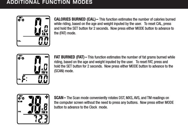 additional FunCtion modesCALORIES BURNED (CAL)&ndash; This function estimates the number of calories burned while riding, based on the age and weight inputed by the user.   To reset CAL, press and hold the SET button for 2 seconds.  Now press either MODE button to advance to the (FAT) mode.FAT BURNED (FAT)&ndash; This function estimates the number of fat grams burned while riding, based on the age and weight inputed by the user.   To reset FAT, press and hold the SET button for 2 seconds.  Now press either MODE button to advance to the (SCAN) mode.SCAN &ndash; The Scan mode conveniently rotates DST, MXS, AVS, and TM readings on the computer screen without the need to press any buttons.  Now press either MODE button to advance to the Clock  mode.
