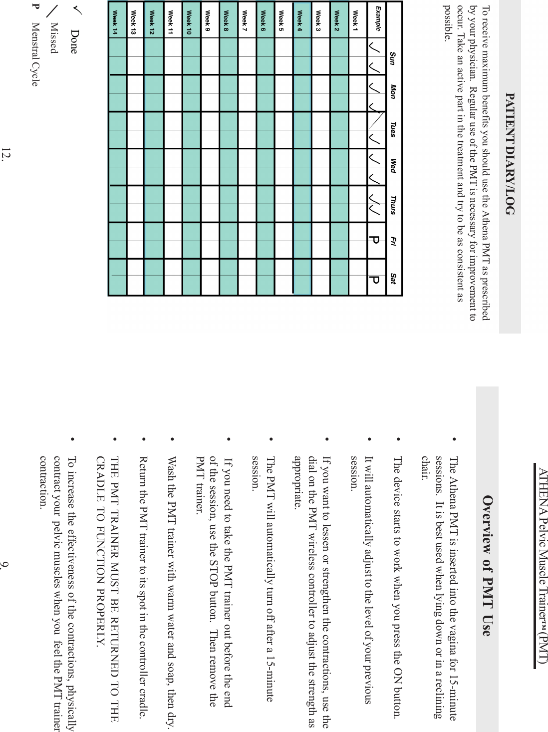 ATHENA Pelvic Muscle Trainer™ (PMT)9.•The Athena PMT is inserted into the vagina for 15-minutesessions.  It is best used when lying down or in a recliningchair.•The device starts to work when you press the ON button.•It will automatically adjust to the level of your previoussession.•If you want to lessen or strengthen the contractions, use thedial on the PMT wireless controller to adjust the strength asappropriate.•The PMT will automatically turn off after a 15-minutesession.•     If you need to take the PMT trainer out before the endof the session, use the STOP button.  Then remove thePMT trainer.•Wash the PMT trainer with warm water and soap, then dry.•Return the PMT trainer to its spot in the controller cradle.•THE PMT TRAINER MUST BE RETURNED TO THECRADLE TO FUNCTION PROPERLY.•To increase the effectiveness of the contractions, physicallycontract your  pelvic muscles when you  feel the PMT trainercontraction.Overview of PMT UseATHENA Pelvic Muscle Trainer™ (PMT)12.To receive maximum benefits you should use the Athena PMT as prescribedby your physician.  Regular use of the PMT is necessary for improvement tooccur. Take an active part in the treatment and try to be as consistent aspossible. DoneMissedP      Menstral CyclePATIENT DIARY/LOG