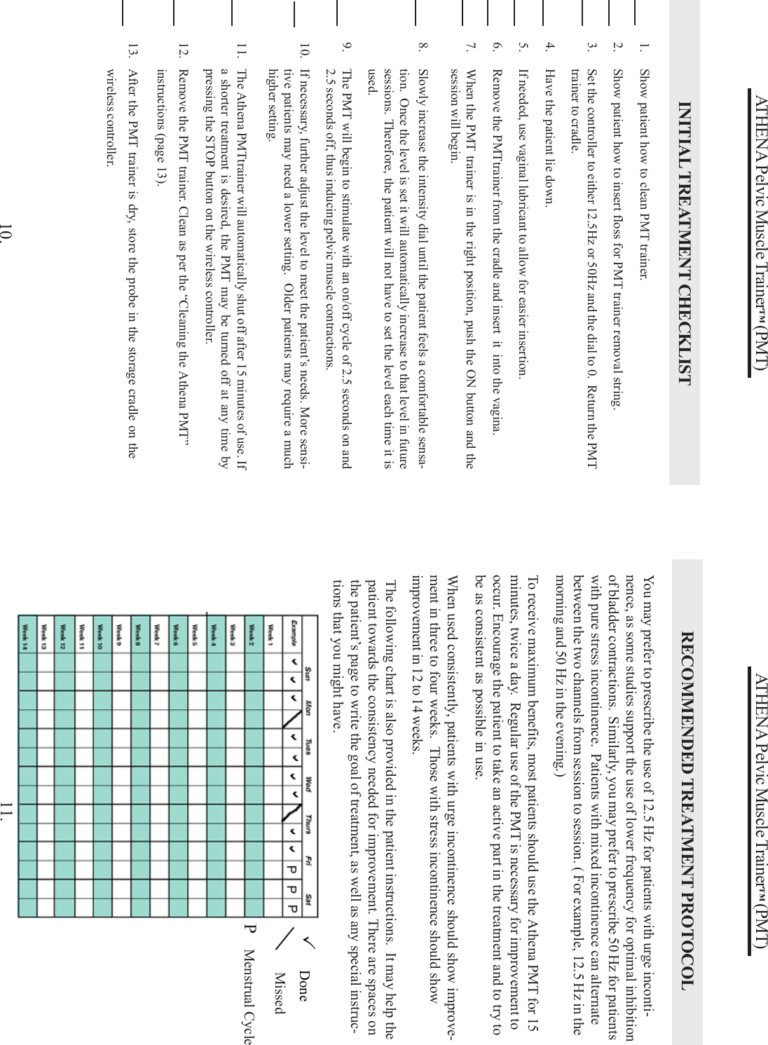 ATHENA Pelvic Muscle Trainer™ (PMT)INITIAL TREATMENT CHECKLIST1. Show patient how to clean PMT trainer.2. Show patient how to insert floss for PMT trainer removal string.3. Set the controller to either 12.5Hz or 50Hz and the dial to 0.  Return the PMTtrainer to cradle.4. Have the patient lie down.5. If needed, use vaginal lubricant to allow for easier insertion.6. Remove the PMTtrainer from the cradle and insert  it  into the vagina.7. When the PMT trainer is in the right position, push the ON button and thesession will begin.8. Slowly increase the intensity dial until the patient feels a comfortable sensa-tion.  Once the level is set it will automatically increase to that level in futuresessions. Therefore, the patient will not have to set the level each time it isused.9. The PMT will begin to stimulate with an on/off cycle of 2.5 seconds on and2.5 seconds off, thus inducing pelvic muscle contractions.10. If necessary, further adjust the level to meet the patient’s needs. More sensi-tive patients may need a lower setting.  Older patients may require a muchhigher setting.11. The Athena PMTtrainer will automatically shut off after 15 minutes of use. Ifa shorter treatment is desired, the PMT may be turned off at any time bypressing the STOP button on the wireless controller.12. Remove the PMT trainer. Clean as per the “Cleaning the Athena PMT”instructions (page 13).13. After the PMT trainer is dry, store the probe in the storage cradle on thewireless controller.10.ATHENA Pelvic Muscle Trainer™ (PMT)RECOMMENDED TREATMENT PROTOCOLYou may prefer to prescribe the use of 12.5 Hz for patients with urge inconti-nence, as some studies support the use of lower frequency for optimal inhibitionof bladder contractions.  Similarly, you may prefer to prescribe 50 Hz for patientswith pure stress incontinence.  Patients with mixed incontinence can alternatebetween the two channels from session to session. ( For example, 12.5 Hz in themorning and 50 Hz in the evening.)To receive maximum benefits, most patients should use the Athena PMT for 15minutes, twice a day.  Regular use of the PMT is necessary for improvement tooccur. Encourage the patient to take an active part in the treatment and to try tobe as consistent as possible in use.When used consistently, patients with urge incontinence should show improve-ment in three to four weeks.  Those with stress incontinence should showimprovement in 12 to 14 weeks.The following chart is also provided in the patient instructions.  It may help thepatient towards the consistency needed for improvement. There are spaces onthe patient’s page to write the goal of treatment, as well as any special instruc-tions that you might have.11. Done MissedP    Menstrual Cycle