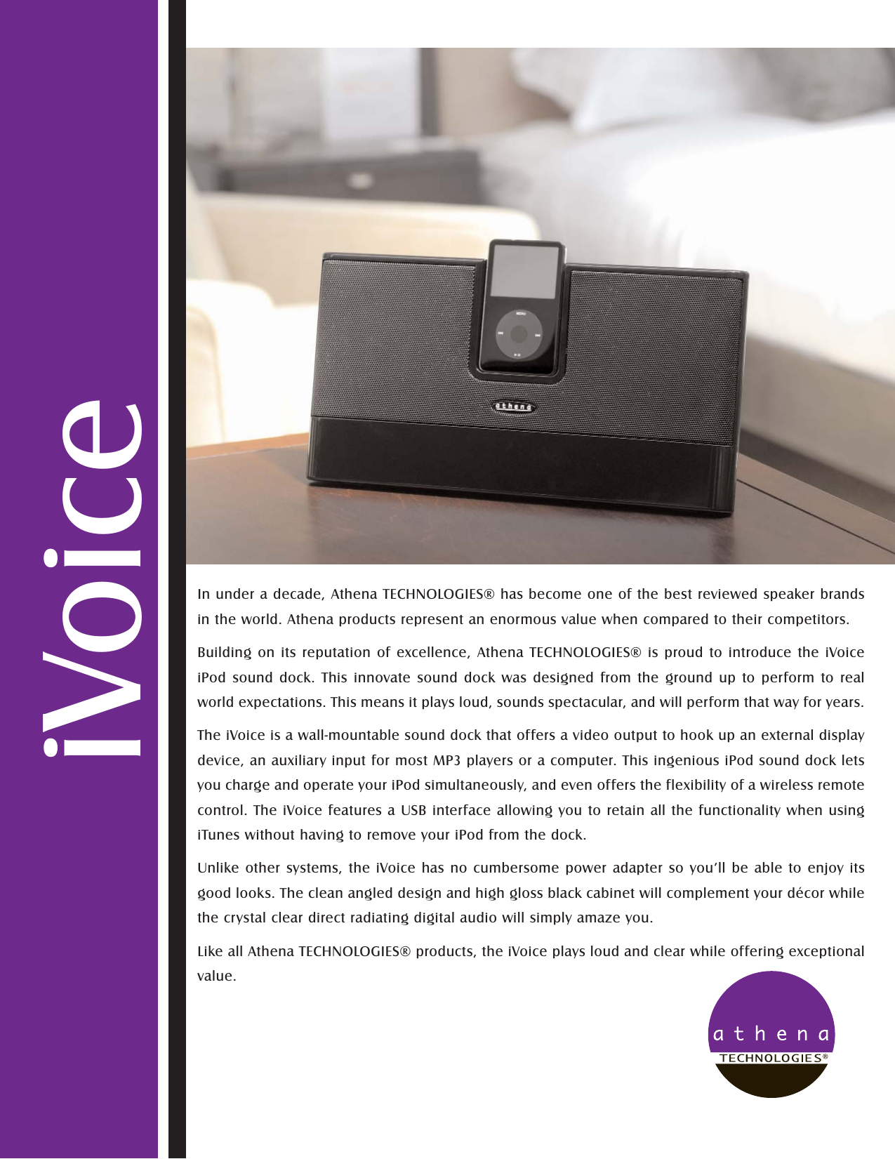 Page 1 of 2 - Athena-Technologies Athena-Technologies-Ivoice-Ipod-Docking-Station-Users-Manual- IVoice Spec Sheet - 3PAB019E.qxp  Athena-technologies-ivoice-ipod-docking-station-users-manual