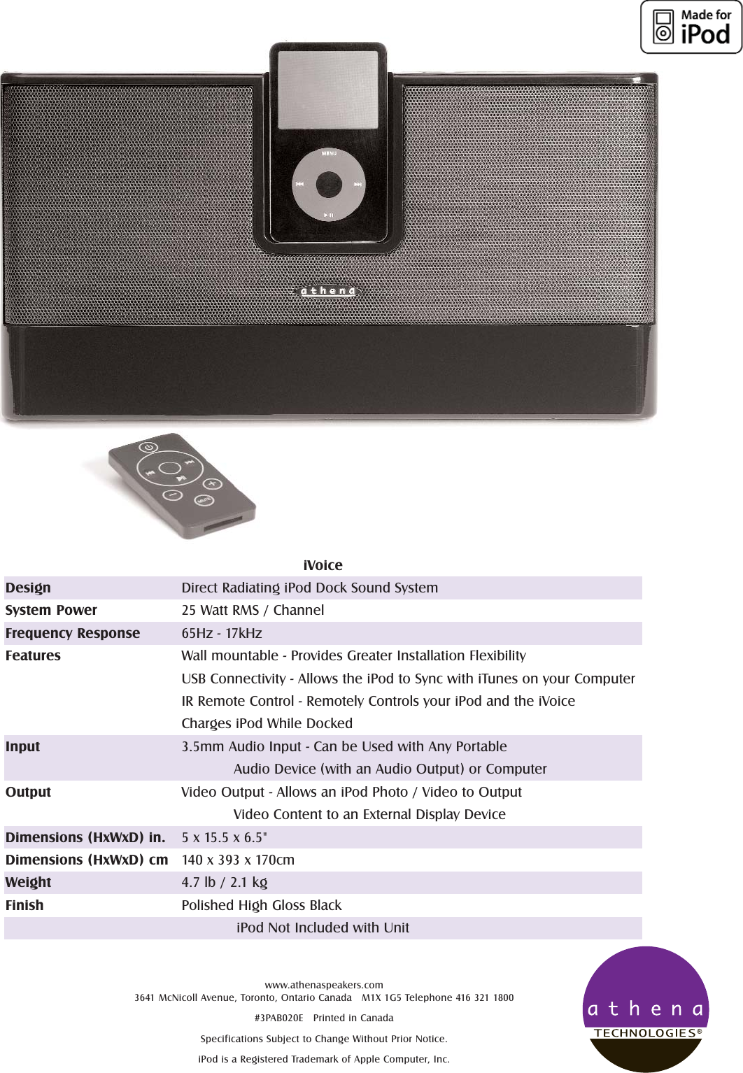 Page 2 of 2 - Athena-Technologies Athena-Technologies-Ivoice-Ipod-Docking-Station-Users-Manual- IVoice Spec Sheet - 3PAB019E.qxp  Athena-technologies-ivoice-ipod-docking-station-users-manual