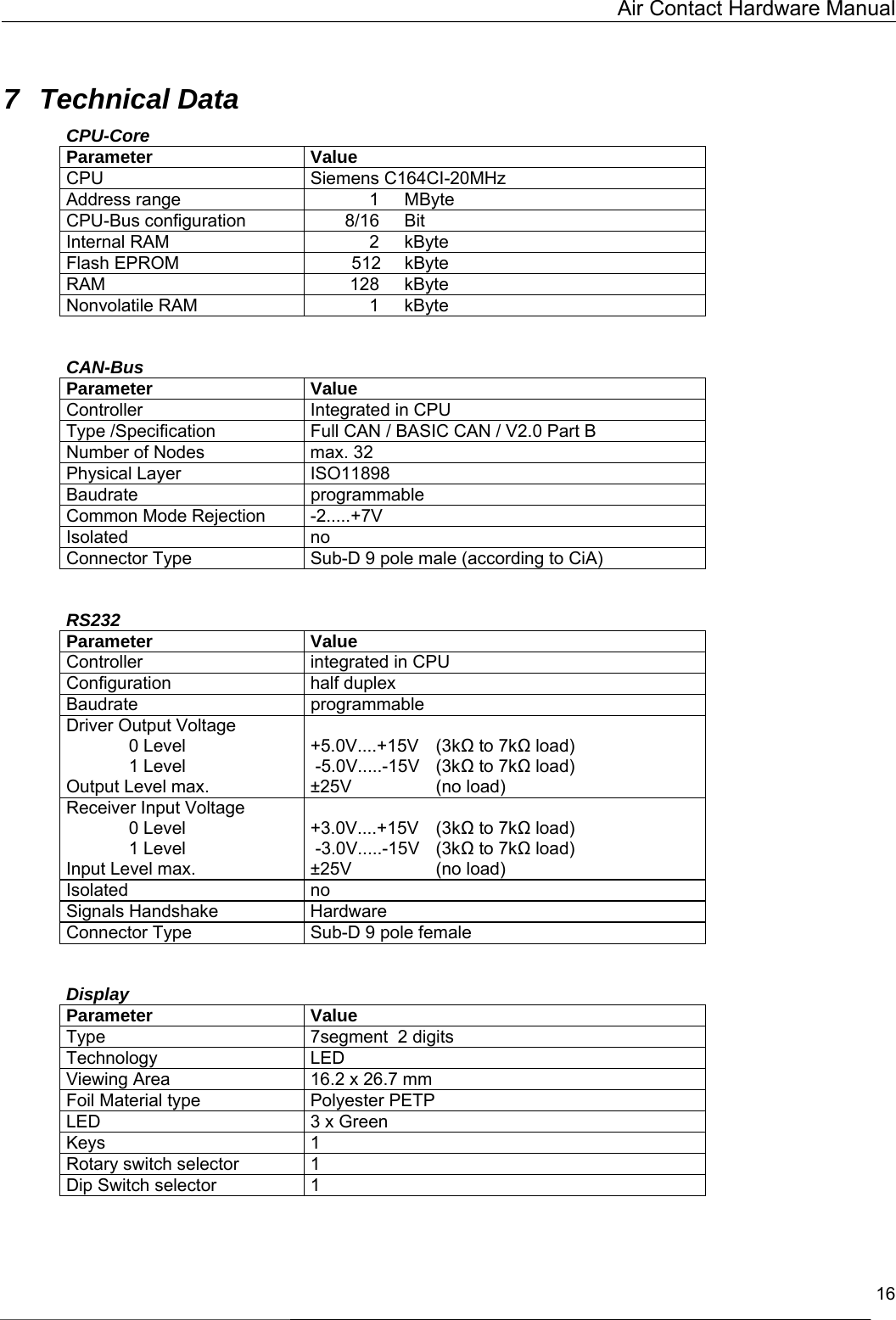   Air Contact Hardware Manual  16  7 Technical Data  CPU-Core Parameter Value CPU Siemens C164CI-20MHz Address range    1  MByte CPU-Bus configuration    8/16  Bit Internal RAM    2  kByte Flash EPROM  512  kByte RAM  128 kByte Nonvolatile RAM    1  kByte   CAN-Bus Parameter Value Controller   Integrated in CPU  Type /Specification  Full CAN / BASIC CAN / V2.0 Part B Number of Nodes  max. 32 Physical Layer  ISO11898 Baudrate programmable Common Mode Rejection  -2.....+7V Isolated no Connector Type  Sub-D 9 pole male (according to CiA)    RS232 Parameter Value Controller  integrated in CPU  Configuration half duplex Baudrate programmable Driver Output Voltage  0 Level  1 Level Output Level max.  +5.0V....+15V (3kΩ to 7kΩ load)  -5.0V.....-15V  (3kΩ to 7kΩ load) ±25V   (no load) Receiver Input Voltage  0 Level  1 Level Input Level max.  +3.0V....+15V (3kΩ to 7kΩ load)  -3.0V.....-15V  (3kΩ to 7kΩ load) ±25V   (no load) Isolated no Signals Handshake  Hardware Connector Type  Sub-D 9 pole female   Display Parameter Value Type  7segment  2 digits Technology LED  Viewing Area  16.2 x 26.7 mm Foil Material type  Polyester PETP LED  3 x Green Keys 1 Rotary switch selector  1 Dip Switch selector  1   