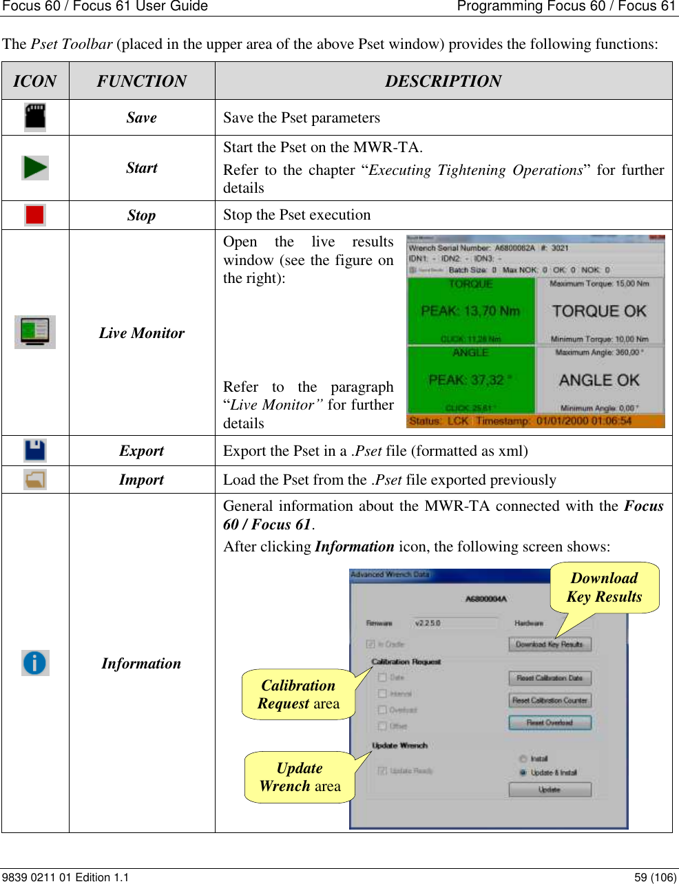 Focus 60 / Focus 61 User Guide  Programming Focus 60 / Focus 61 9839 0211 01 Edition 1.1    59 (106) The Pset Toolbar (placed in the upper area of the above Pset window) provides the following functions: ICON FUNCTION DESCRIPTION  Save Save the Pset parameters  Start Start the Pset on the MWR-TA.  Refer to the chapter “Executing Tightening Operations”  for  further details  Stop Stop the Pset execution  Live Monitor Open  the  live  results window (see the figure on the right):      Refer  to  the  paragraph “Live Monitor” for further details  Export Export the Pset in a .Pset file (formatted as xml)  Import Load the Pset from the .Pset file exported previously  Information General information about the MWR-TA connected with the Focus 60 / Focus 61. After clicking Information icon, the following screen shows:  Calibration Request area Update Wrench area Download Key Results 