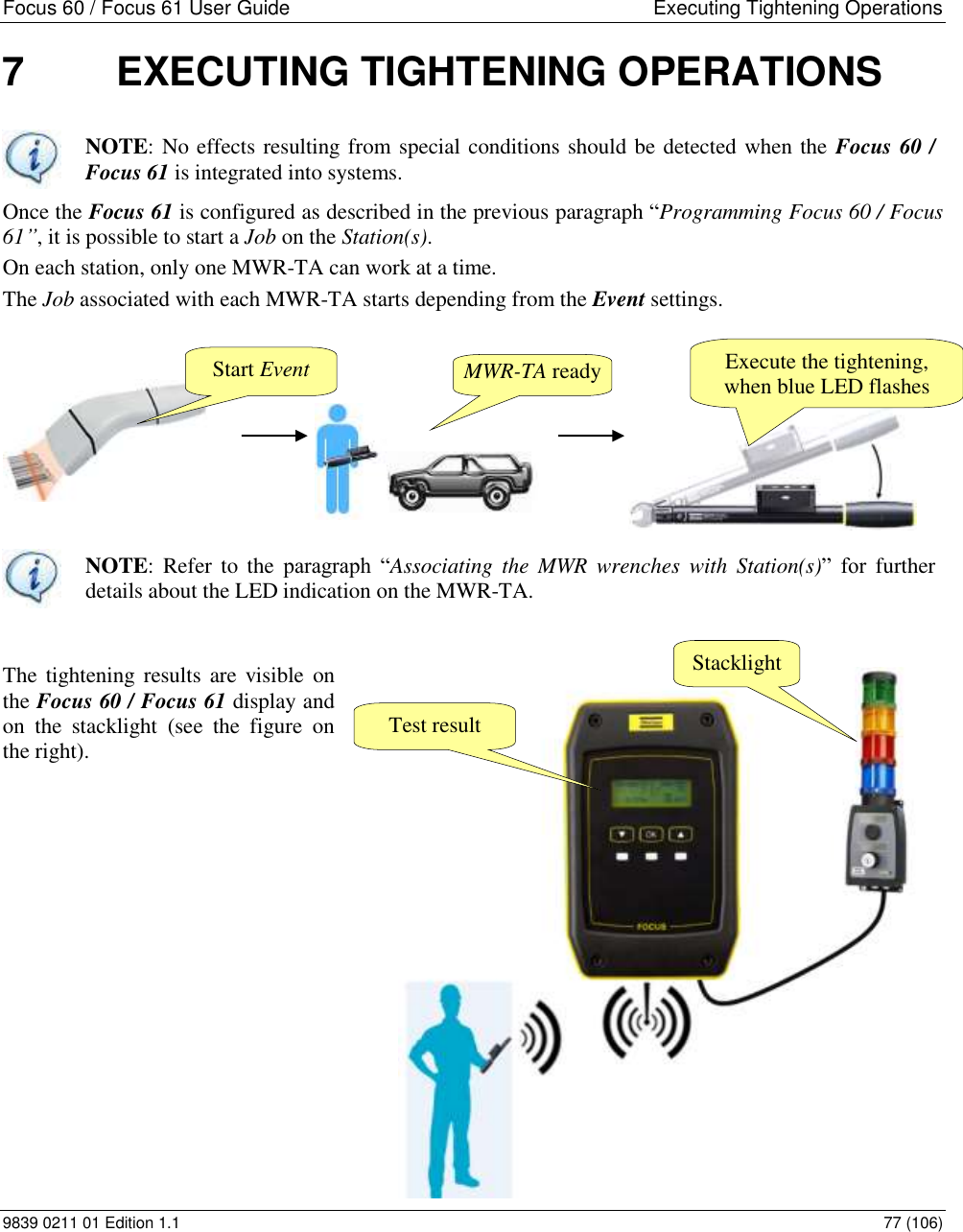 Focus 60 / Focus 61 User Guide  Executing Tightening Operations 9839 0211 01 Edition 1.1    77 (106) 7  EXECUTING TIGHTENING OPERATIONS  NOTE: No effects resulting from special conditions should be detected when the Focus 60 / Focus 61 is integrated into systems. Once the Focus 61 is configured as described in the previous paragraph “Programming Focus 60 / Focus 61”, it is possible to start a Job on the Station(s). On each station, only one MWR-TA can work at a time. The Job associated with each MWR-TA starts depending from the Event settings.    NOTE: Refer  to  the  paragraph  “Associating  the  MWR  wrenches  with  Station(s)”  for  further details about the LED indication on the MWR-TA.     The  tightening results  are visible  on the Focus 60 / Focus 61 display and on  the  stacklight  (see  the  figure  on the right).                                      MWR-TA ready Start Event Execute the tightening, when blue LED flashes Stacklight Test result 