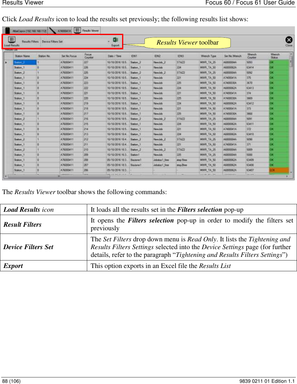 Results Viewer    Focus 60 / Focus 61 User Guide 88 (106)  9839 0211 01 Edition 1.1 Click Load Results icon to load the results set previously; the following results list shows:  The Results Viewer toolbar shows the following commands:  Load Results icon It loads all the results set in the Filters selection pop-up Result Filters It  opens  the  Filters selection  pop-up  in  order  to  modify  the  filters  set previously Device Filters Set The Set Filters drop down menu is Read Only. It lists the Tightening and Results Filters Settings selected into the Device Settings page (for further details, refer to the paragraph “Tightening and Results Filters Settings”) Export This option exports in an Excel file the Results List Results Viewer toolbar 