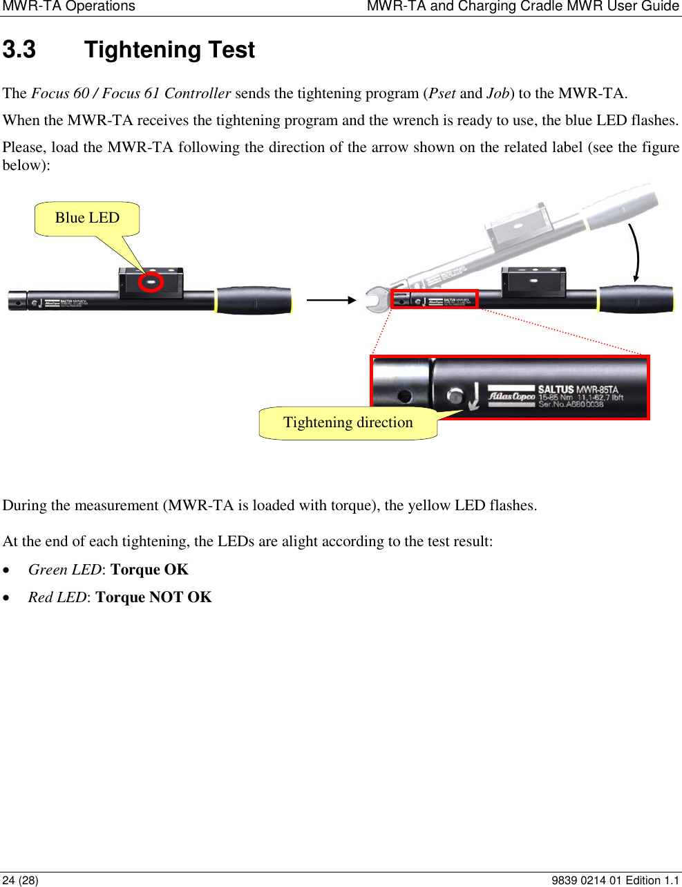 MWR-TA Operations  MWR-TA and Charging Cradle MWR User Guide 24 (28)  9839 0214 01 Edition 1.1 3.3  Tightening Test The Focus 60 / Focus 61 Controller sends the tightening program (Pset and Job) to the MWR-TA. When the MWR-TA receives the tightening program and the wrench is ready to use, the blue LED flashes.  Please, load the MWR-TA following the direction of the arrow shown on the related label (see the figure below):    During the measurement (MWR-TA is loaded with torque), the yellow LED flashes.  At the end of each tightening, the LEDs are alight according to the test result:  Green LED: Torque OK  Red LED: Torque NOT OK  Blue LED Tightening direction 